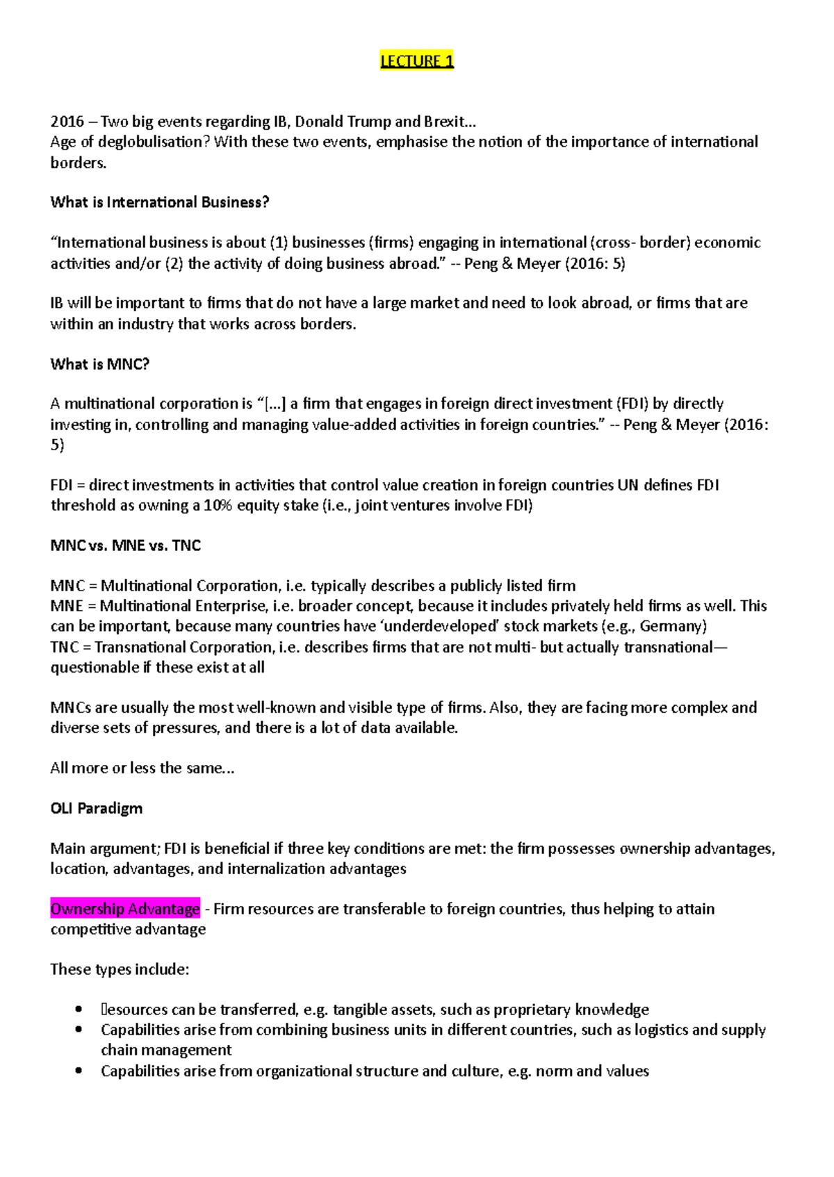 Week 1 Lecture Notes: International Business & MNE Concepts 5QQMB207 ...