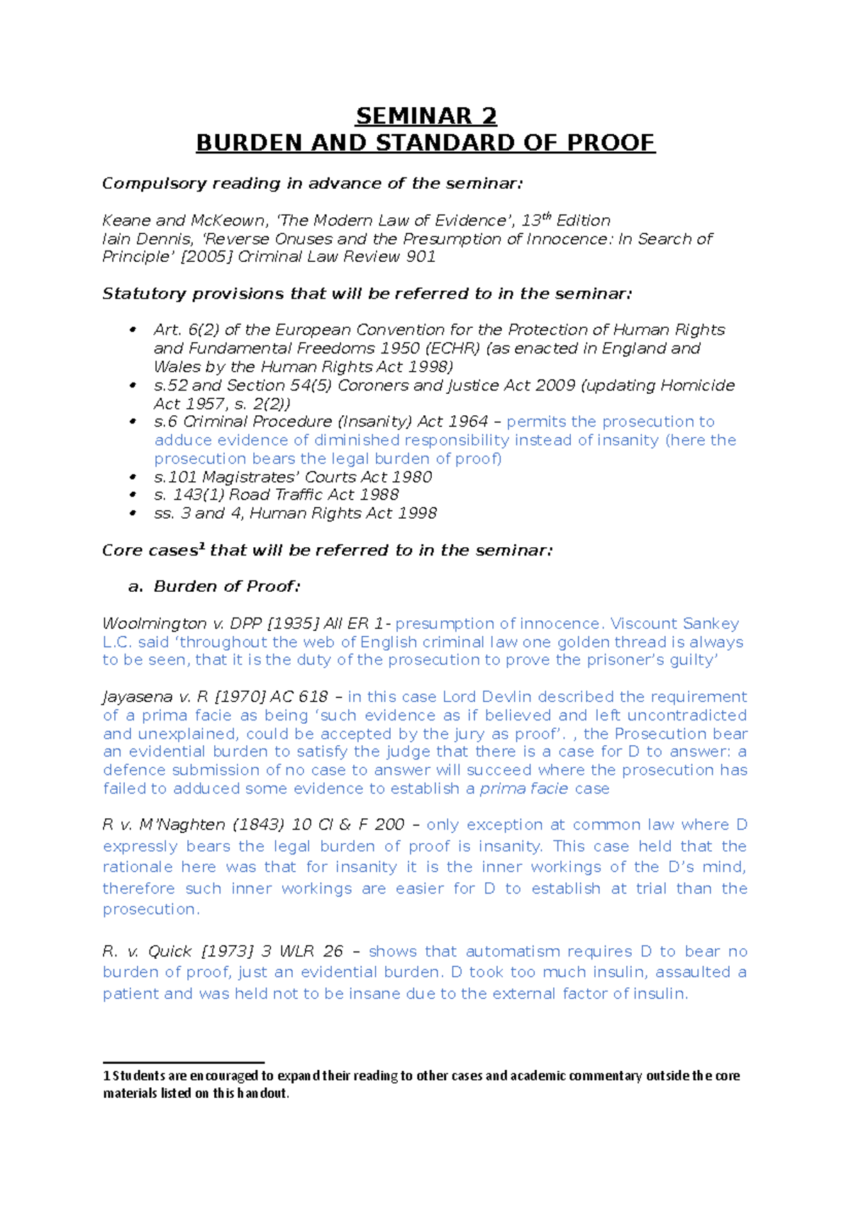 Seminar 2: Burden and Standard of Proof in Criminal Law - Studocu
