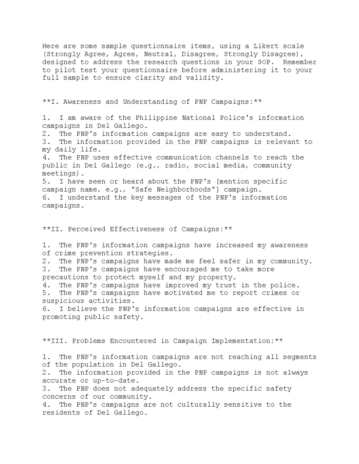 Questionnaire Sample for PNP Awareness and Effectiveness Evaluation ...