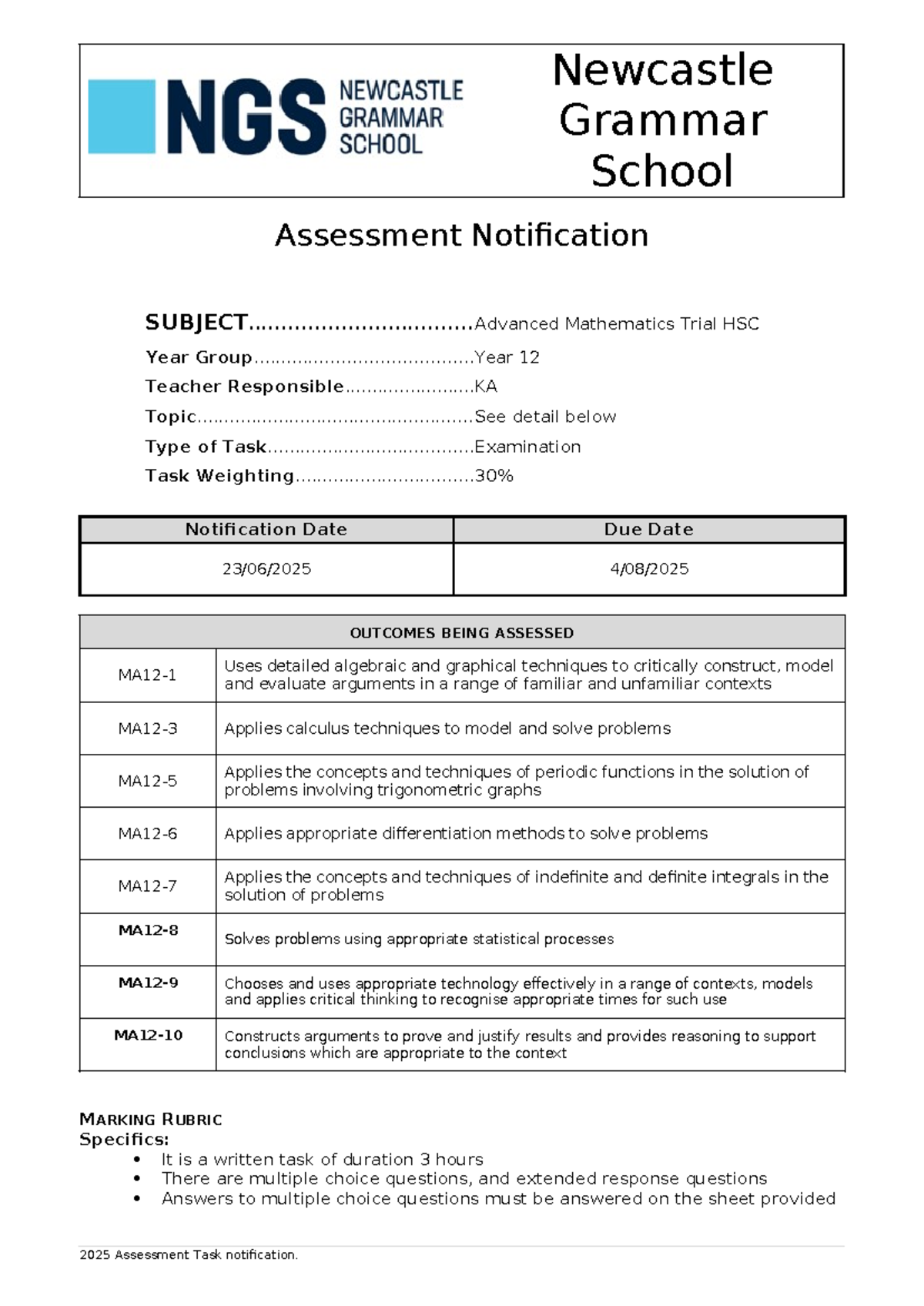 2025 Year 12 Advanced Mathematics Trial Exam Notification - Studocu