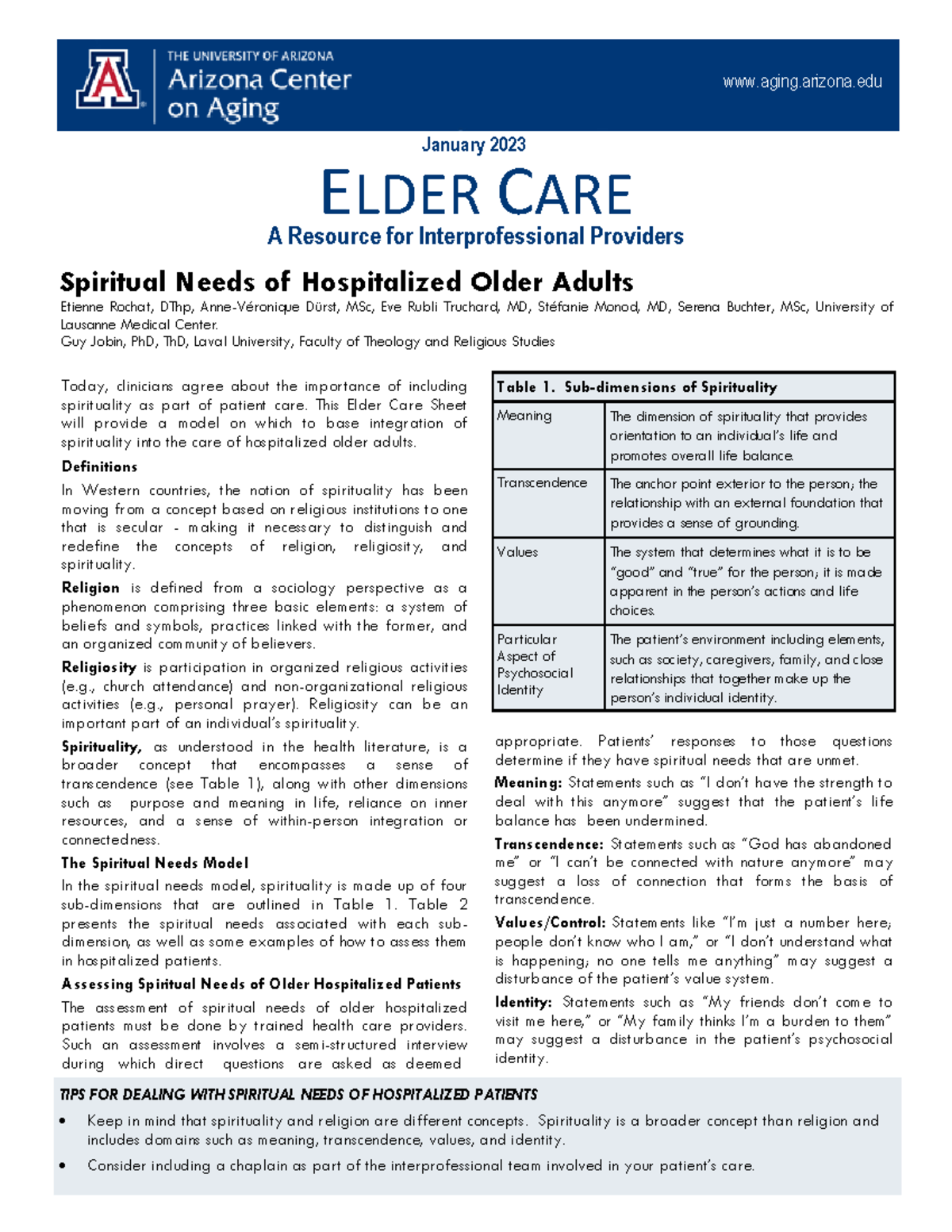Spiritual Needs of Hospitalized Older Adults - January 2023 ELDER CARE ...