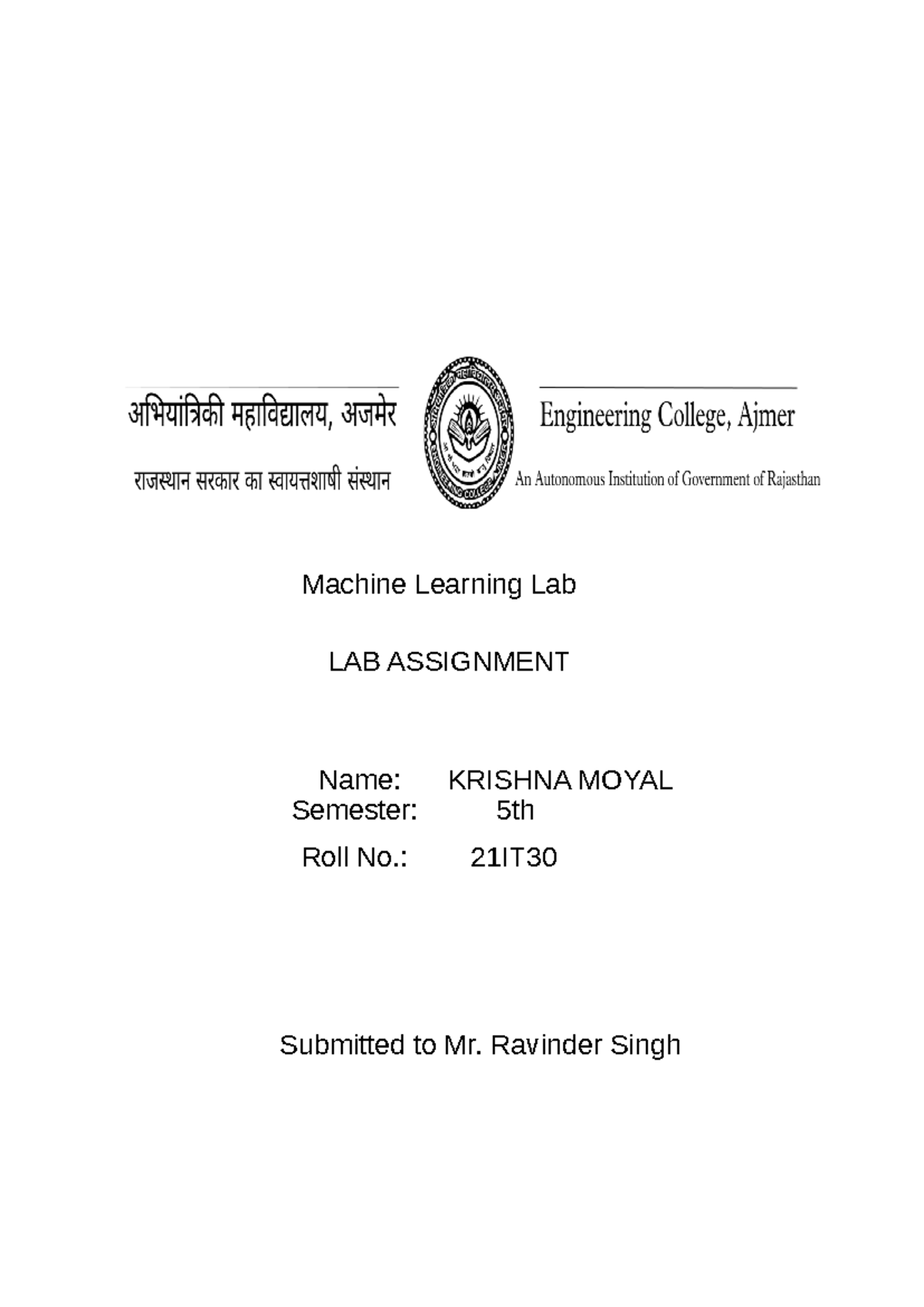ML - Machine learning notes - Machine Learning Lab LAB ASSIGNMENT Name ...