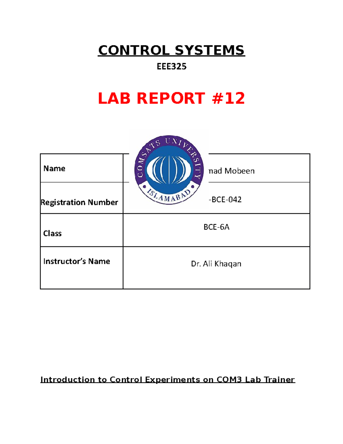 Lab Report on Control Systems - EEE FA18-BCE-042 - Studocu