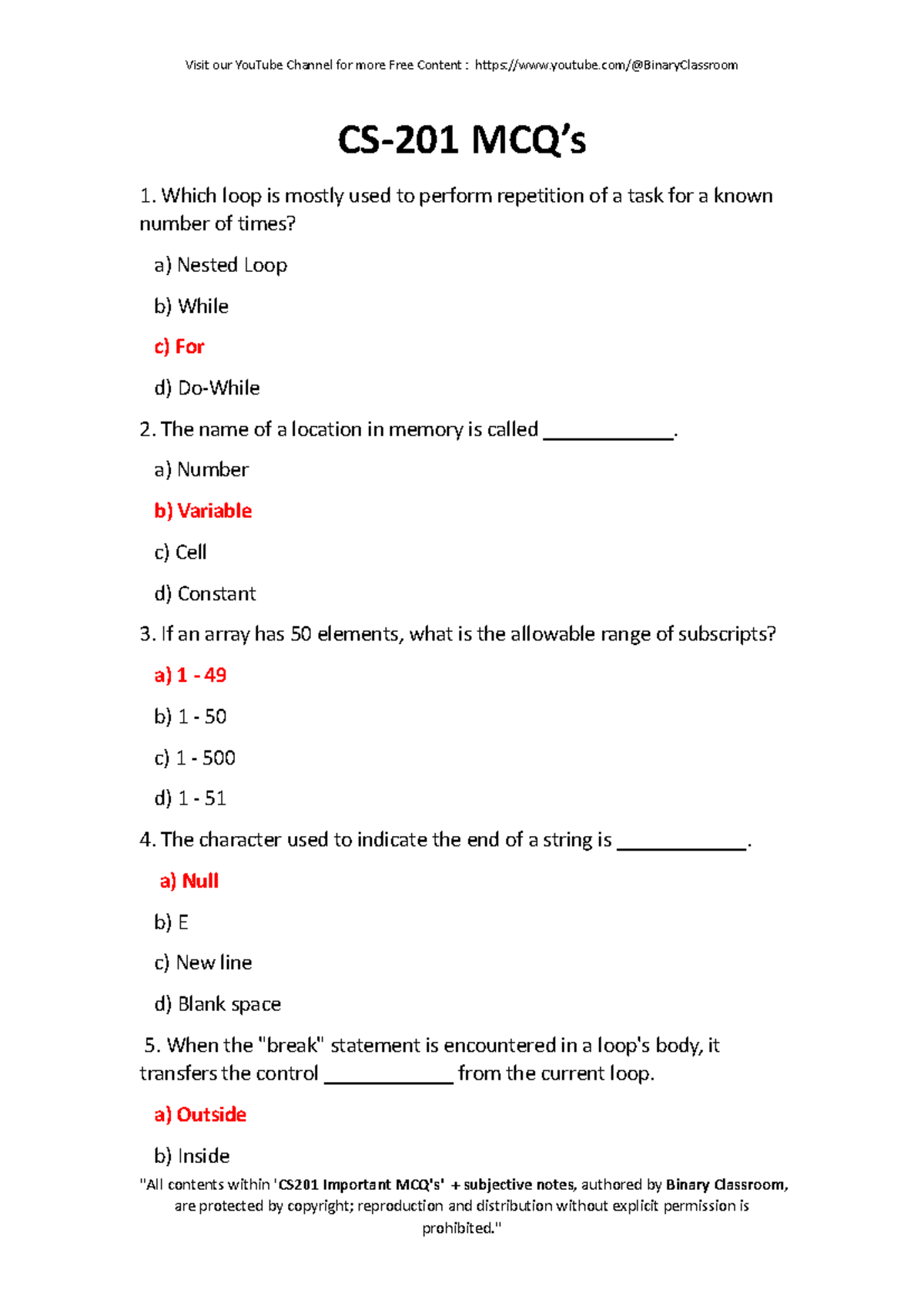 CS201 MCQ Compilation - Final Term Preparation Notes - Studocu