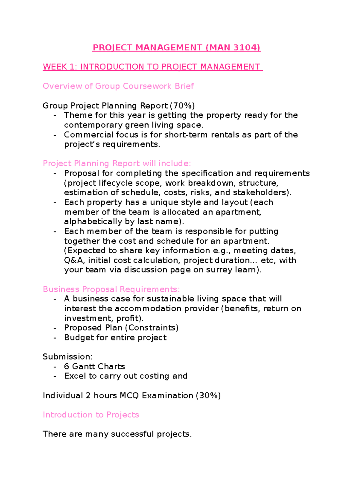 Project management notes - PROJECT MANAGEMENT (MAN 3104) WEEK 1 ...