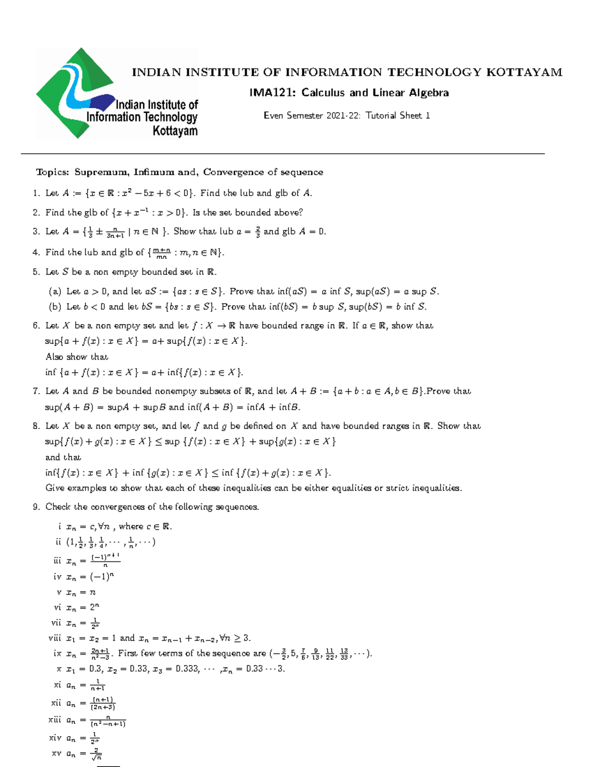 IMA121: Calculus and Linear Algebra - Tutorial Sheet 1 on Supremum ...