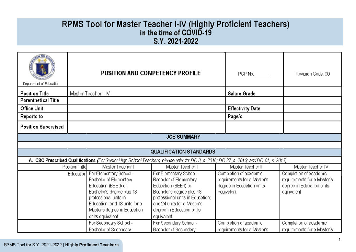 RPMS Tool for Highly Proficient Teachers: Appendix 1B (SY 2021-2022 ...