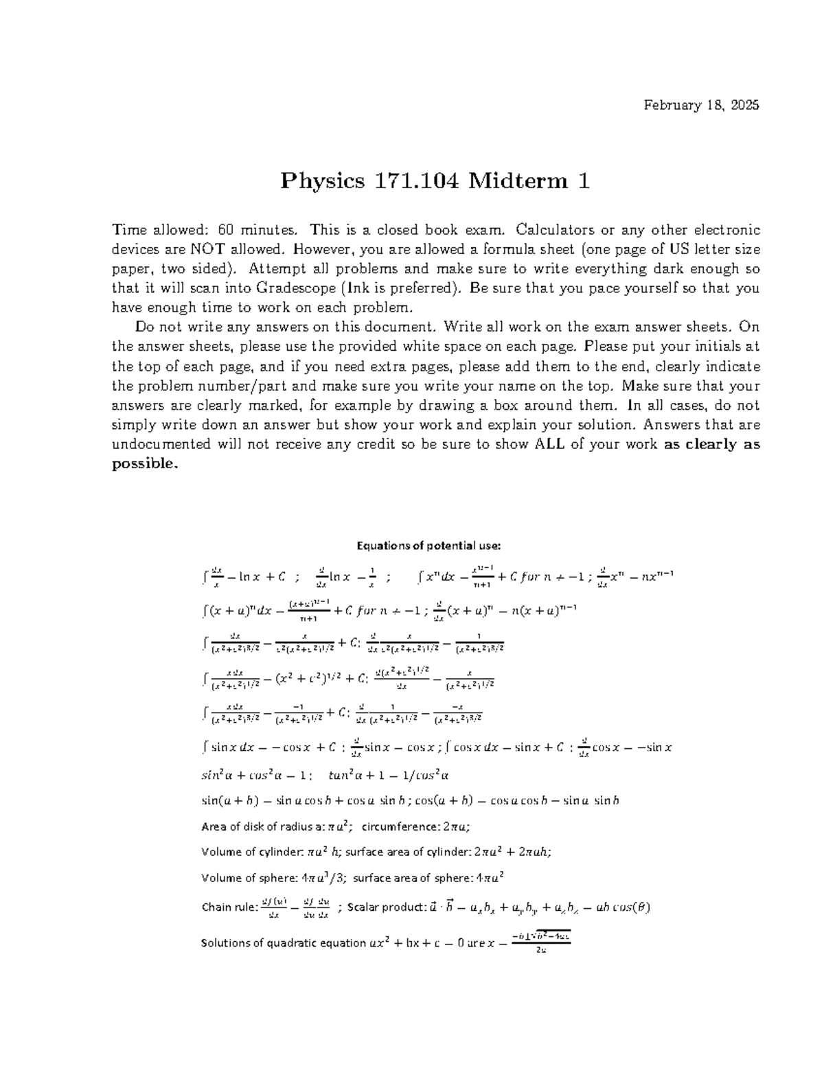 Physics 171.104 Midterm 1 Practice Test - February 2025 - Studocu