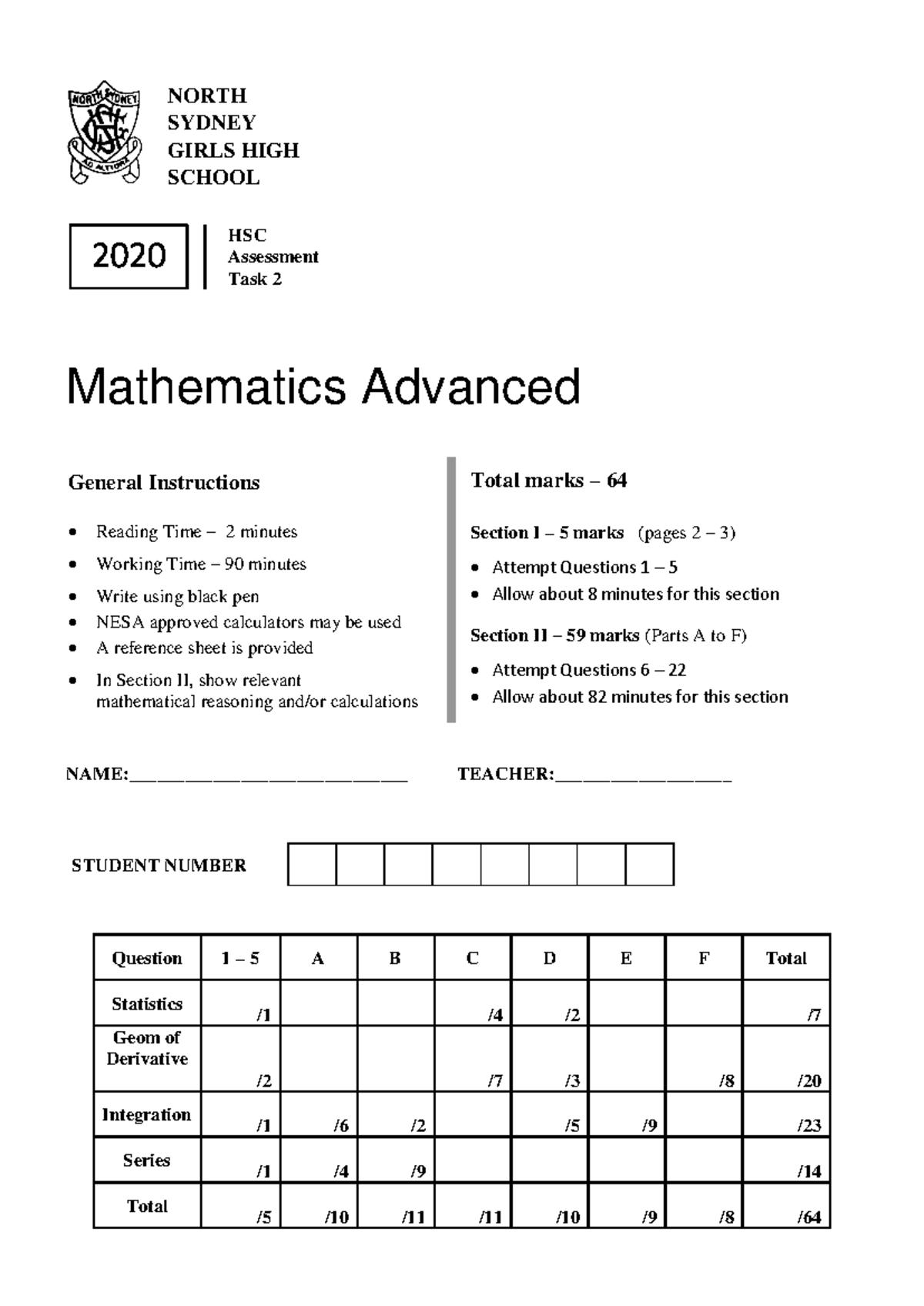 Nsghs HSC 2020 Mathematics Advanced Assessment Task 2 - Studocu