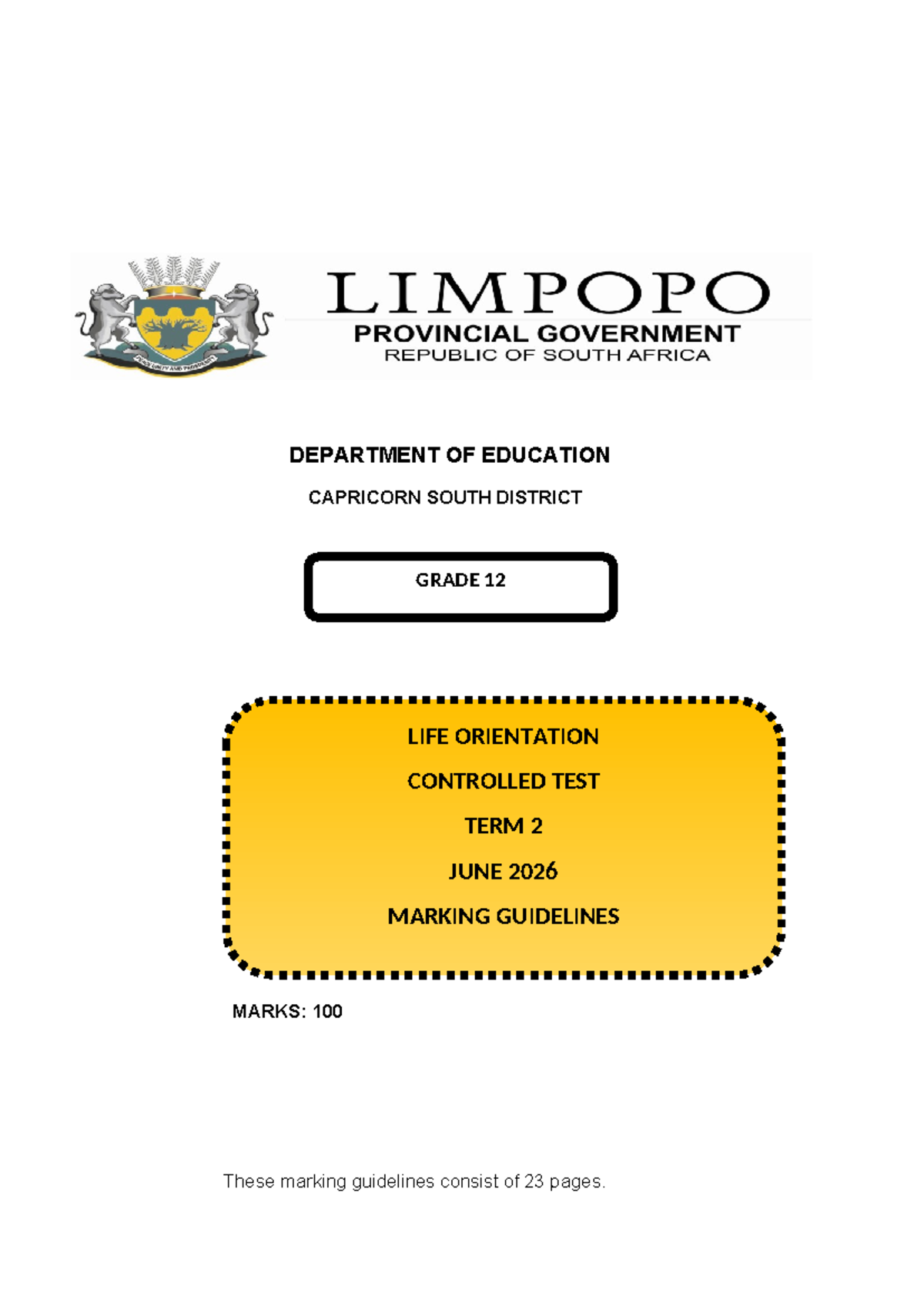 Grade 12 Life Orientation Controlled Test Marking Guidelines 2026 - Studocu