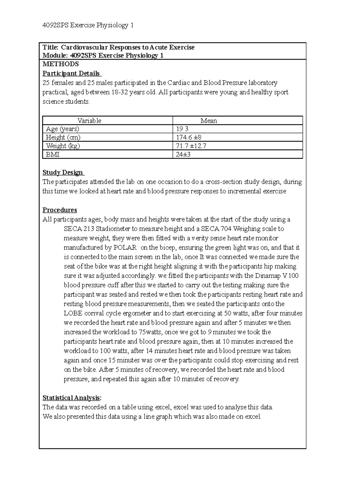 Cardiovascular Responses to Acute Exercise Lab Report - 4092SPS - Studocu