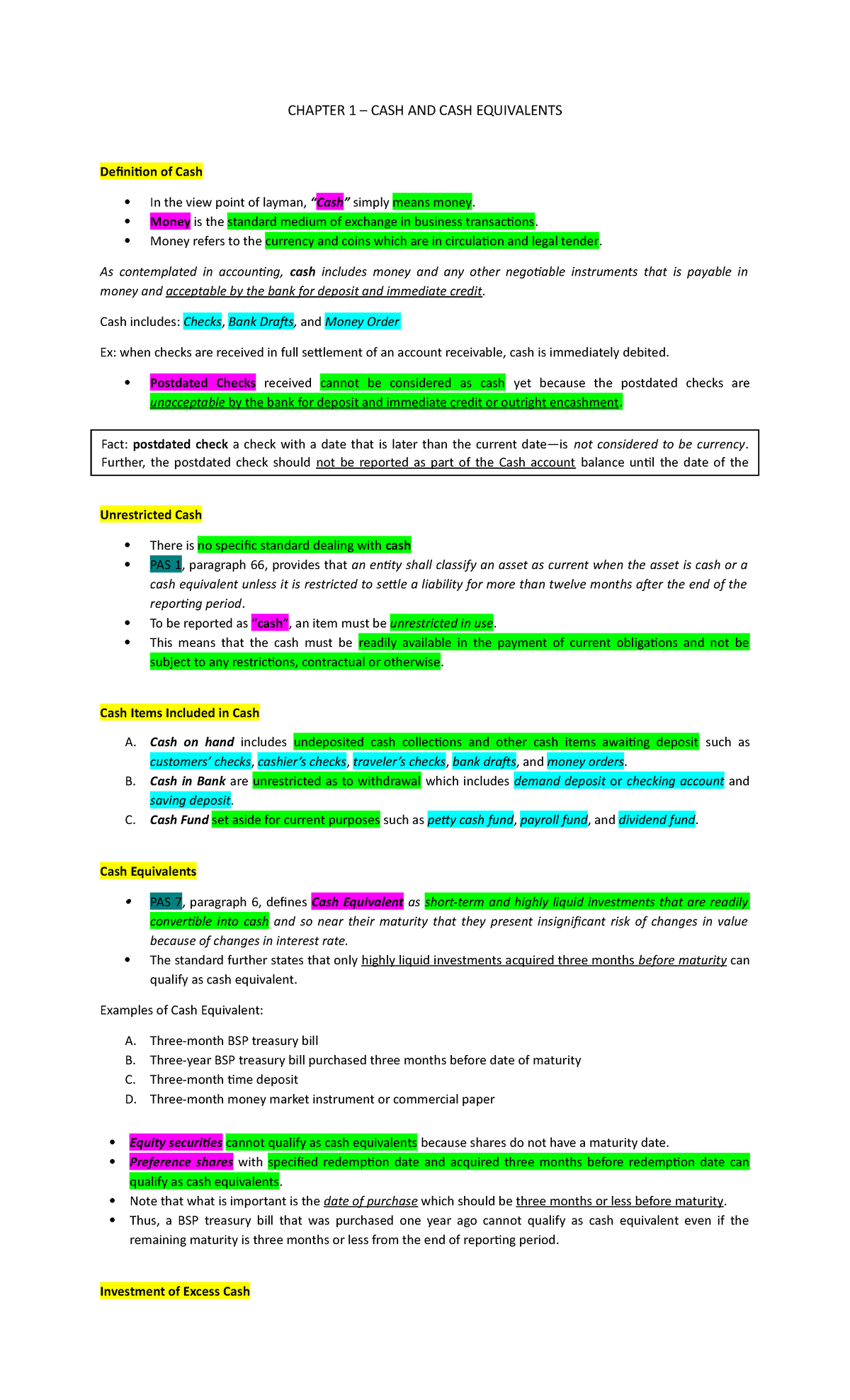Chapter 1 - reviewer - CHAPTER 1 – CASH AND CASH EQUIVALENTS Definition ...
