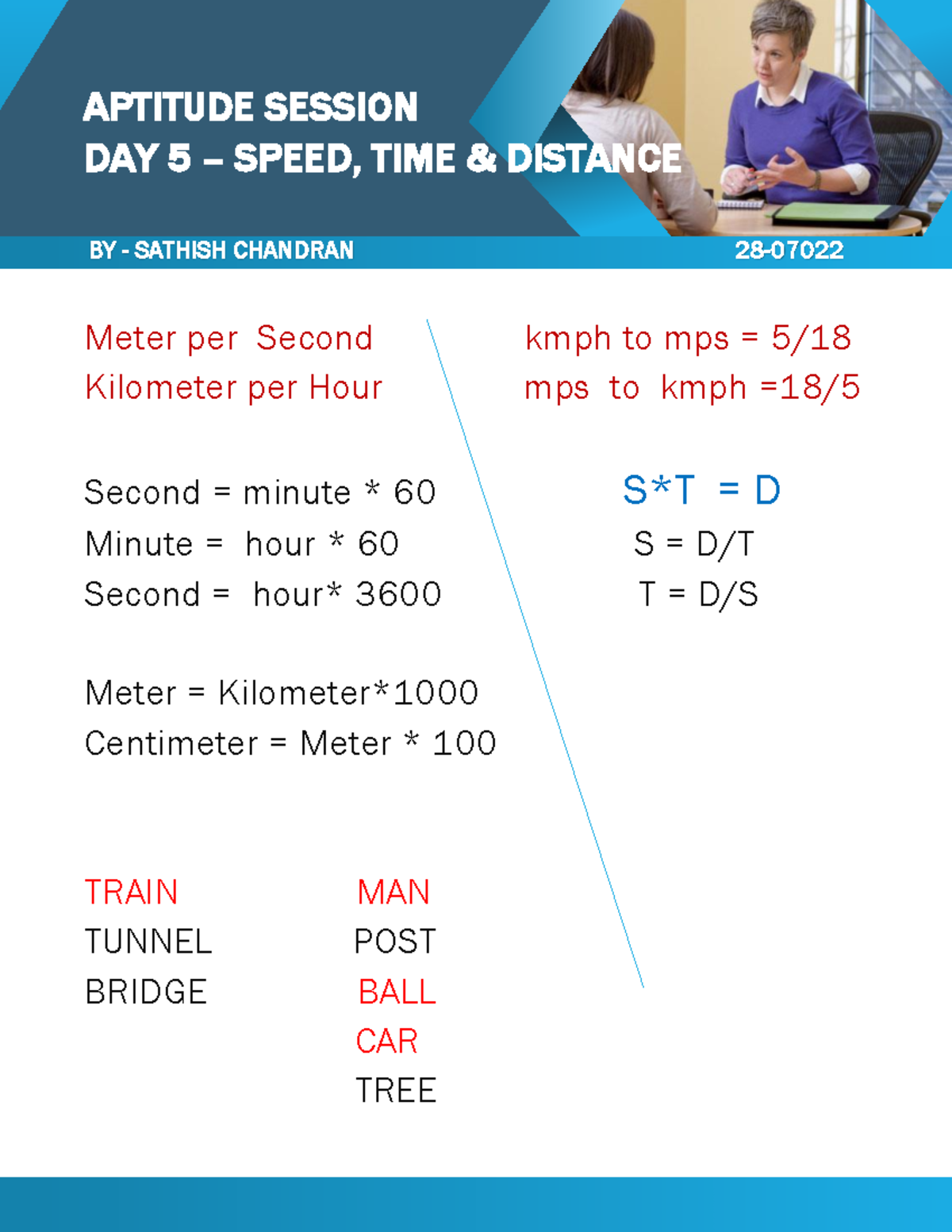 DAY 5 - Speed TIME & Distance - APTITUDE SESSION DAY 5 – SPEED, TIME ...