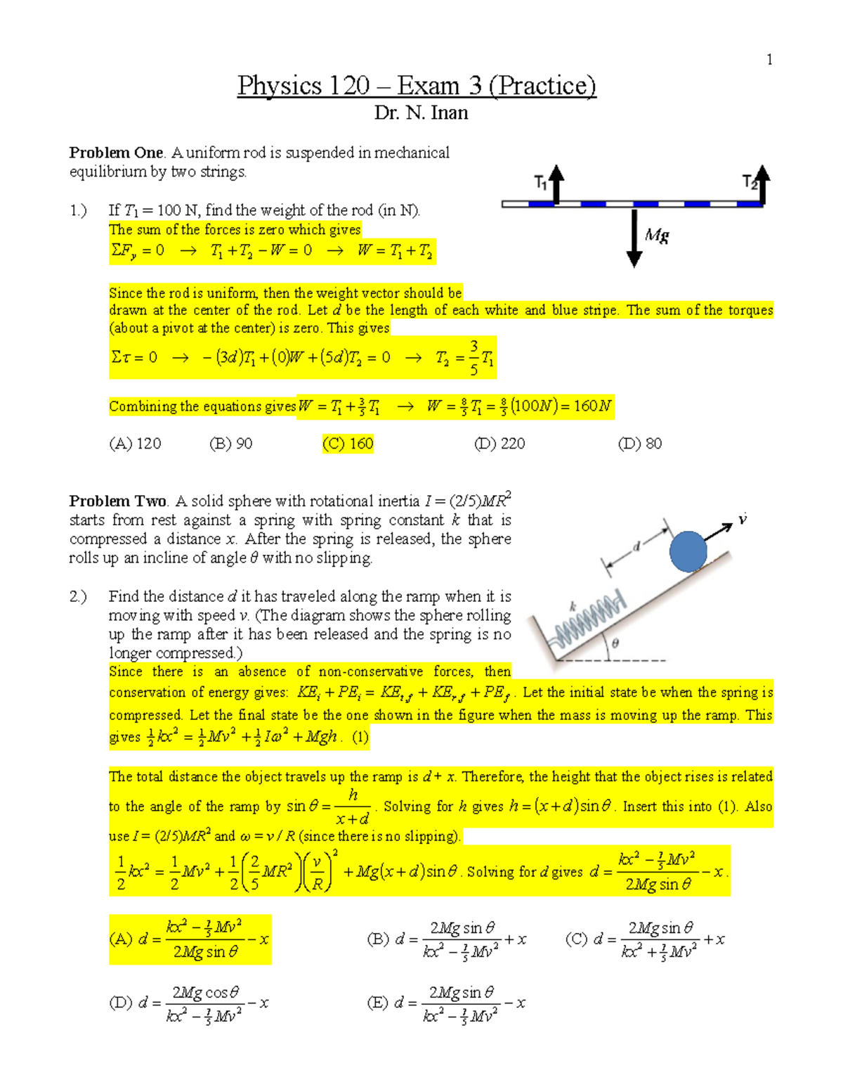 Physics 120 - Exam 3 Practice with Solutions and Key Concepts - Studocu