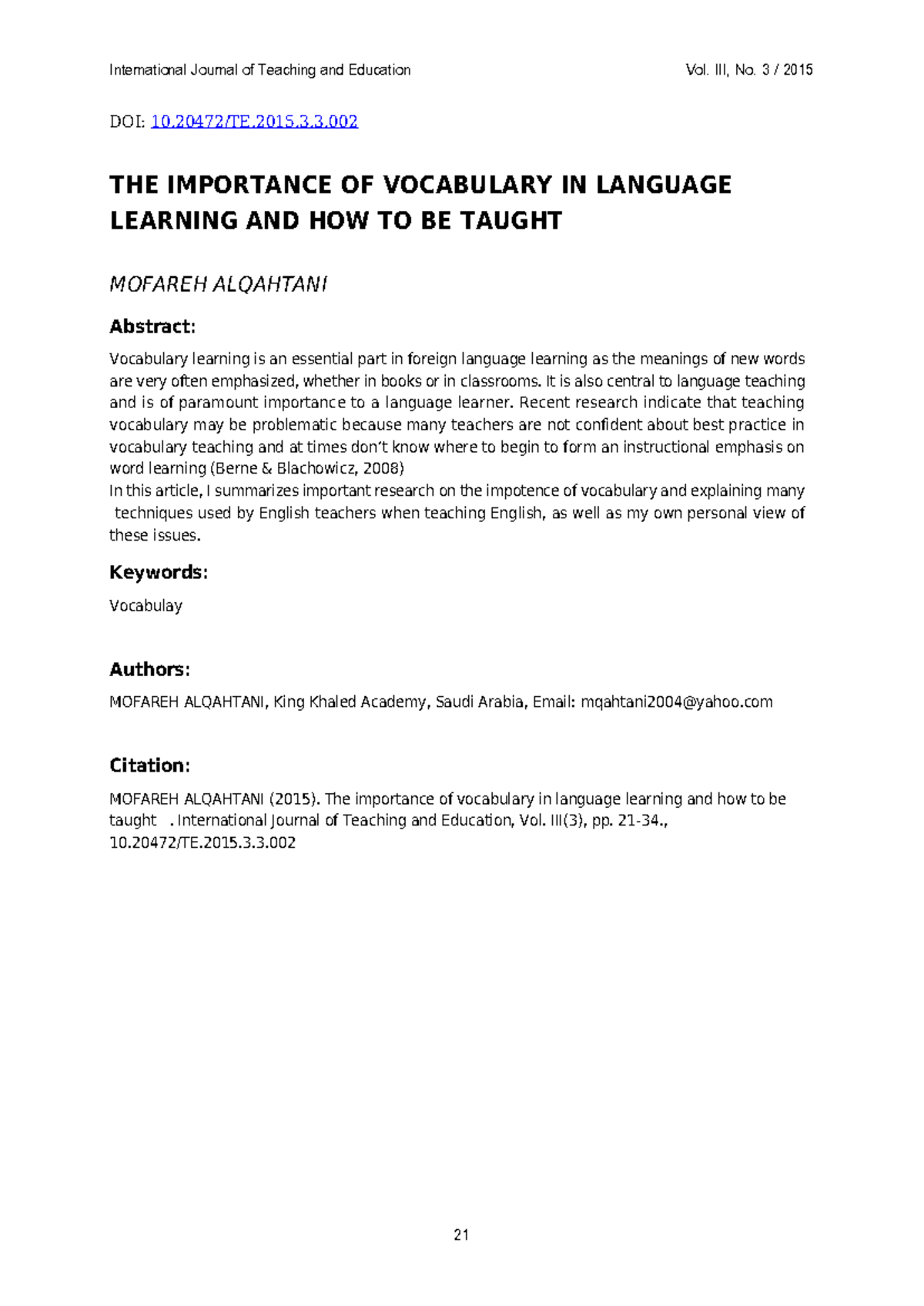 The Importance of Vocabulary in Language Learning (EDU 213) - Studocu