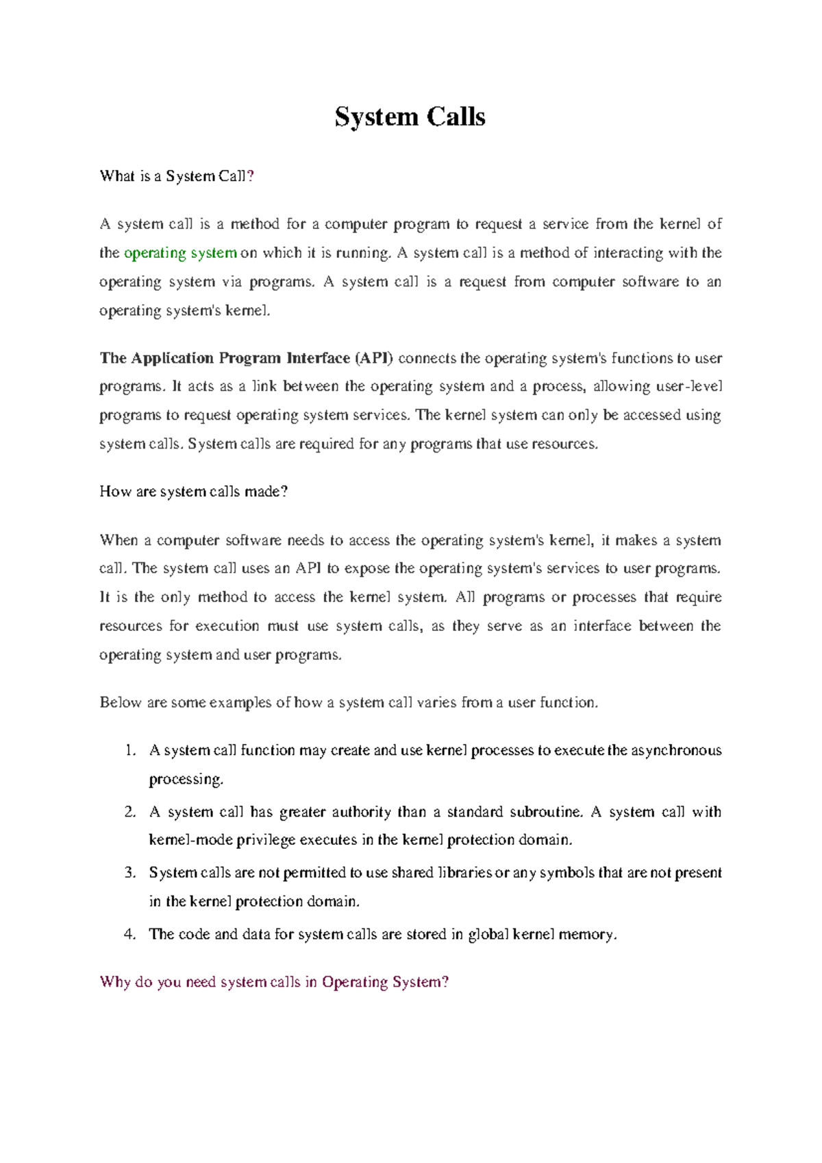 Operating System short notes - ####### System Calls What is a System ...