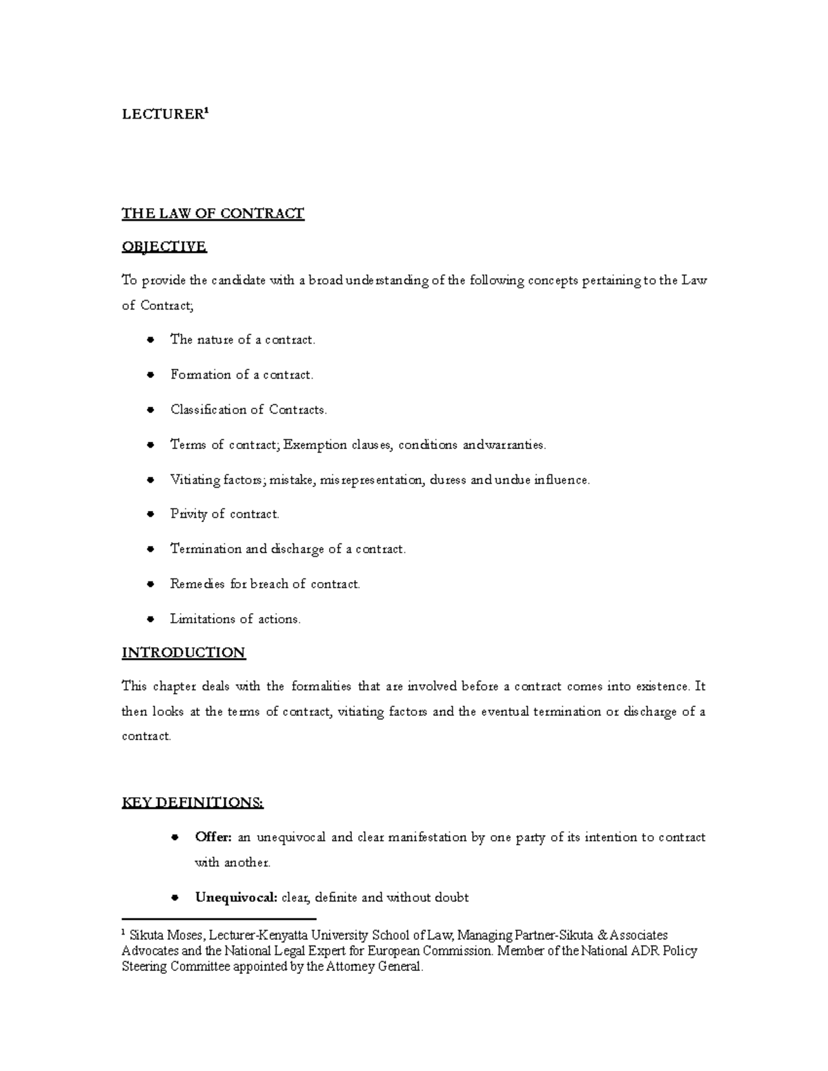 Notes on LAW of Contract - Key Concepts and Formation - Studocu