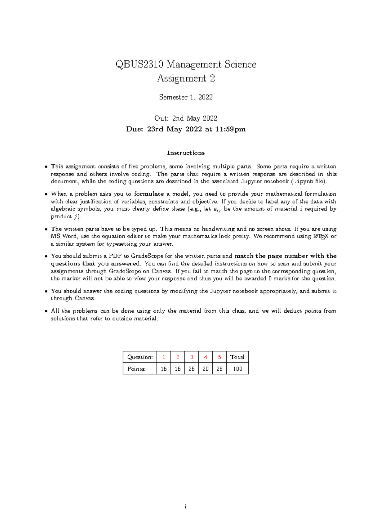 QBUS2310 Assignment 2 - Management Science S1 2022 Guide - Studocu