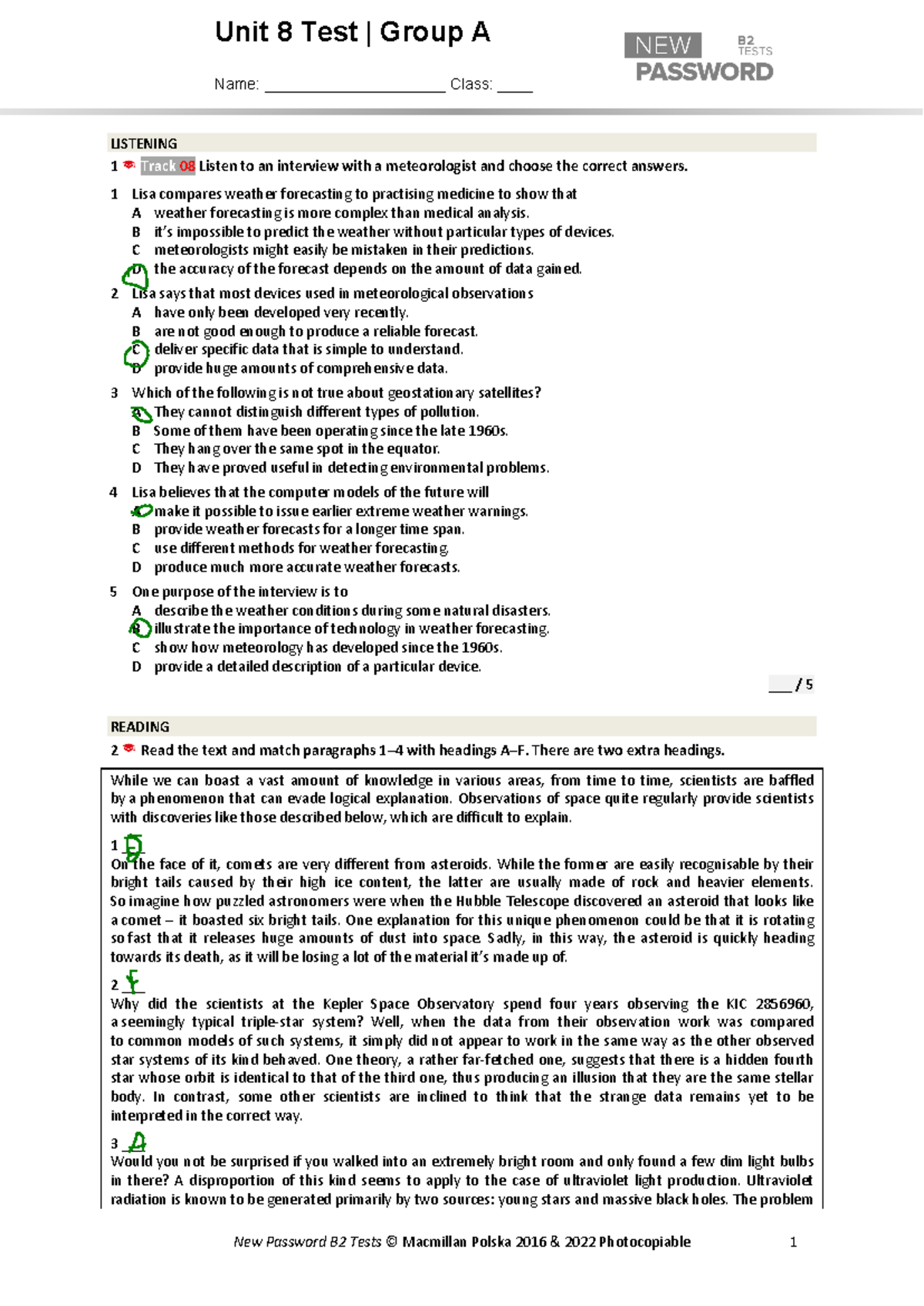 Unit 8A Test Answer Key - Listening, Reading & Writing Solutions - Studocu