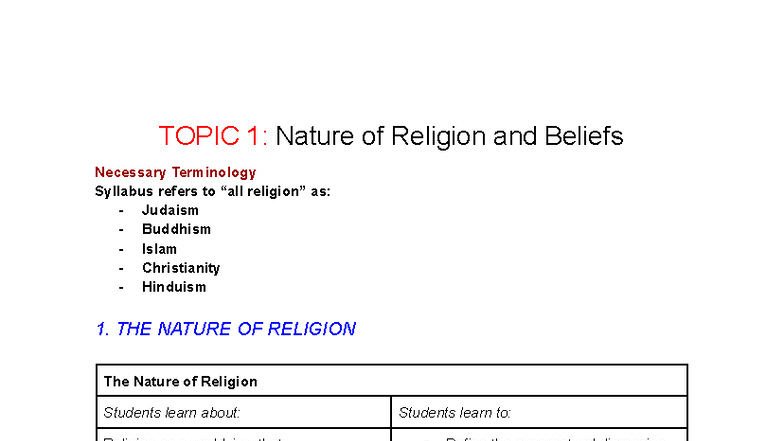 1.2 SOR Nature of Religion and Beliefs Summary Notes - Studocu