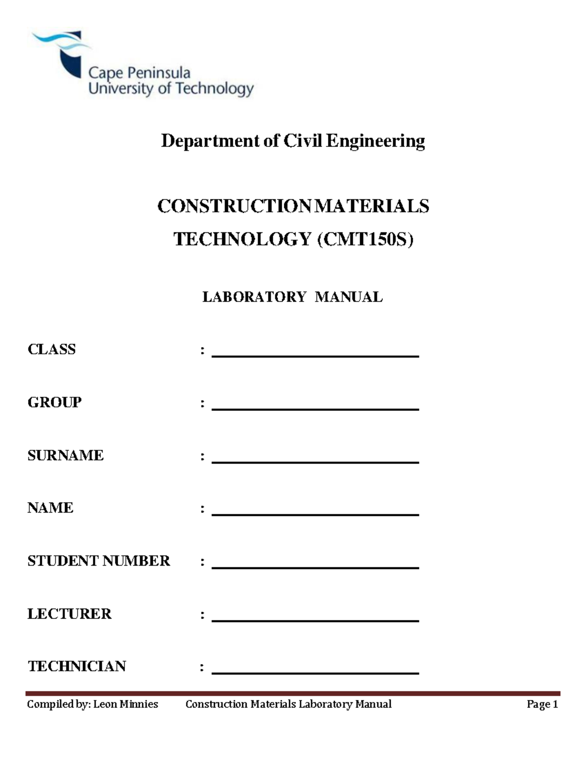 CMT150S Construction Materials Technology Lab Manual and Practicals ...