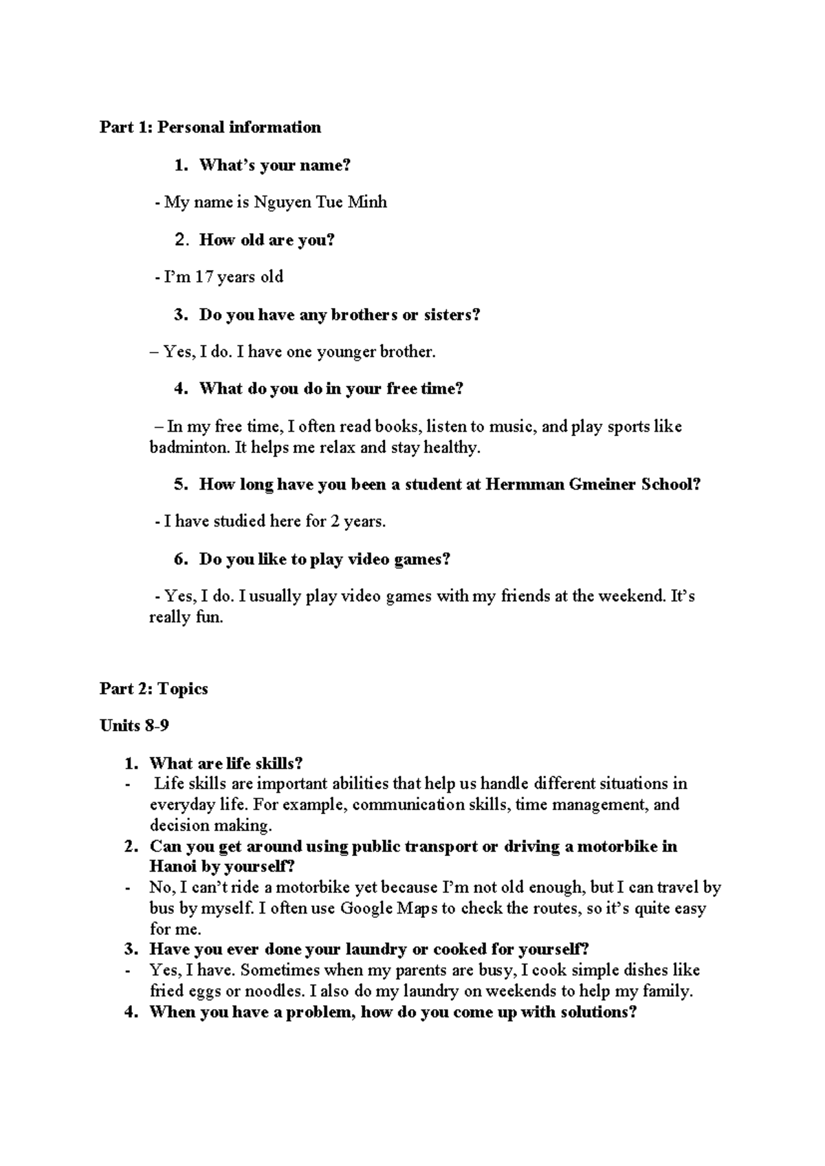 Speaking Test Answers - Anh 11: Personal Info & Life Skills - Studocu