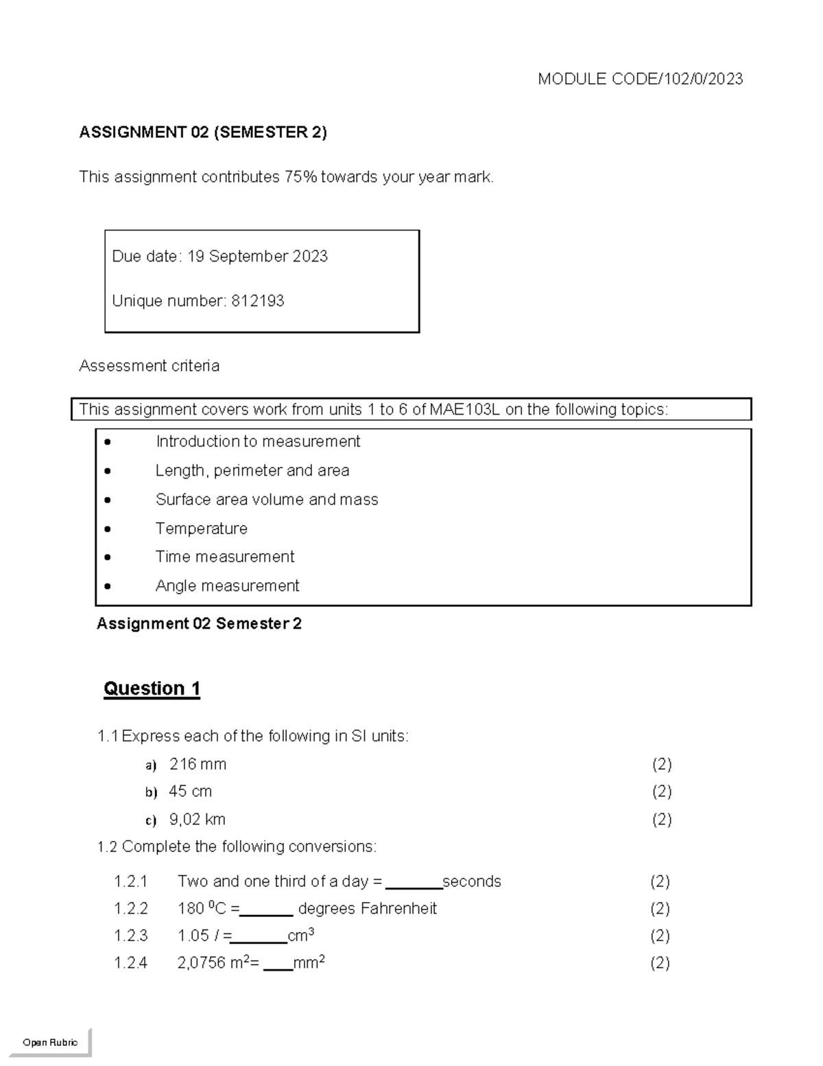 MAE 103L Assignment 02 - Measurement Concepts & Assessments Guide - Studocu