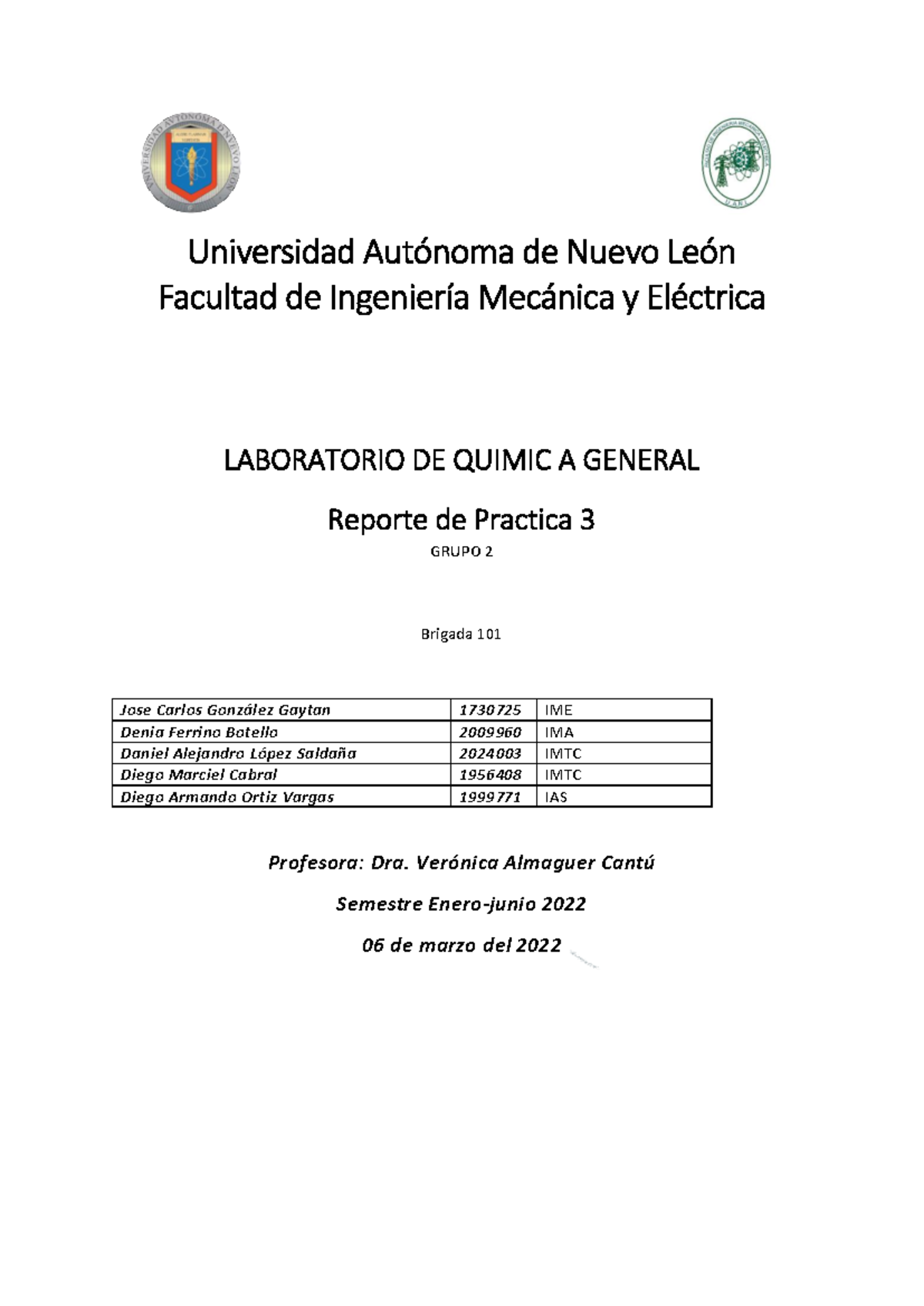 Reporte 3 Quimica - Provecho - Universidad Autónoma de Nuevo León ...