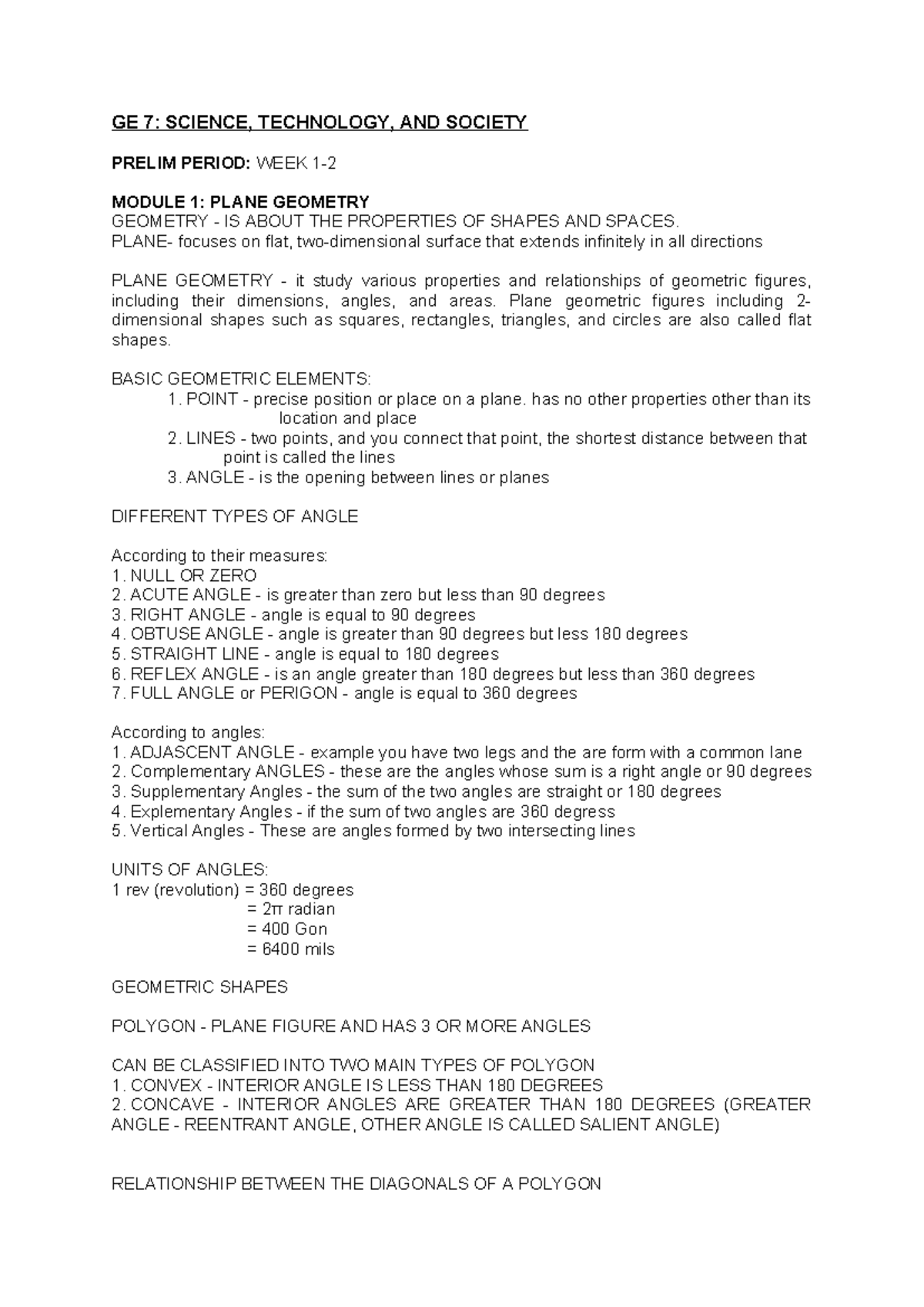 GE 7: SCIENCE, TECHNOLOGY, AND SOCIETY PRELIM PERIOD: PLANE GEOMETRY ...