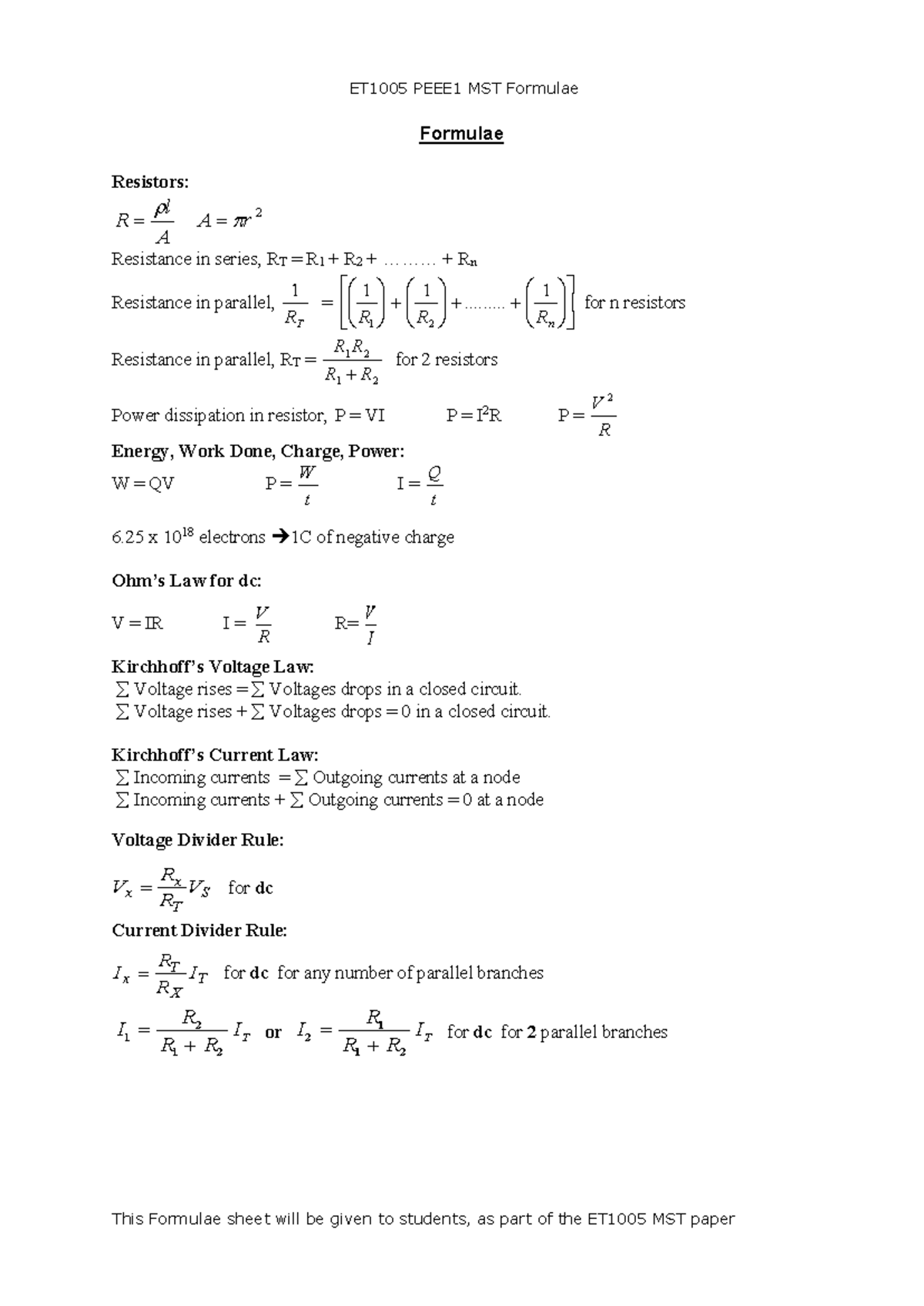 ET1005 MST Formulae Sheet for PEEE1 Students - Studocu