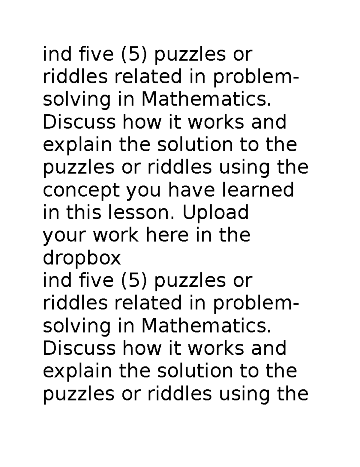 Math 101: Problem Solving Riddles and Solutions for Assignment - Studocu
