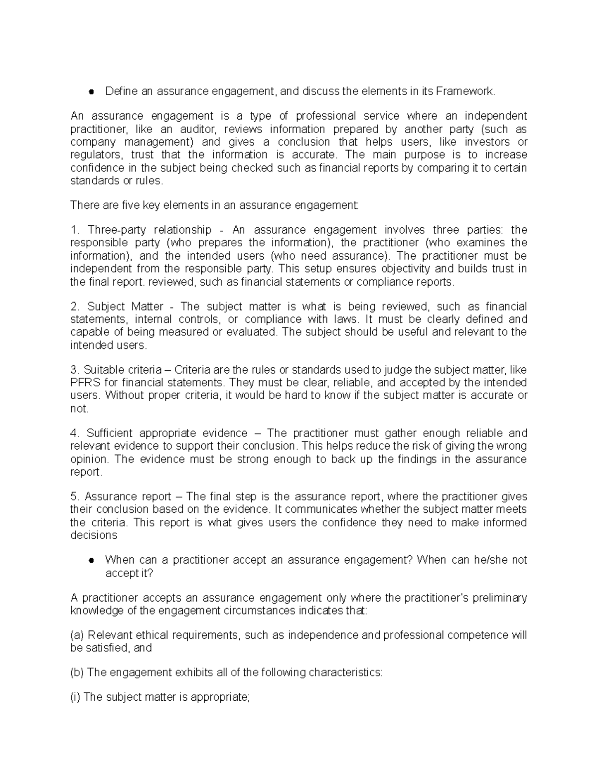 Assurance Engagement - Define an assurance engagement, and discuss the ...