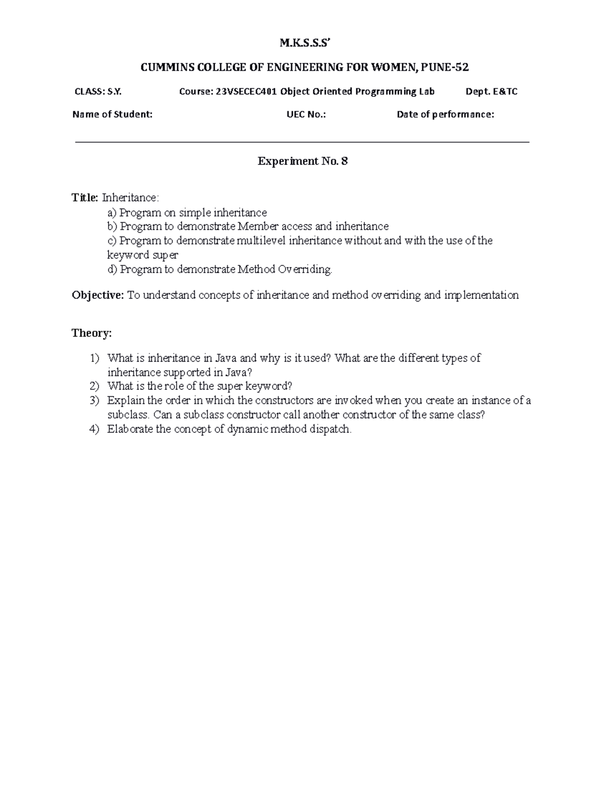 23VSECEC401 OOP Lab: Inheritance & Method Overriding Programs - Studocu
