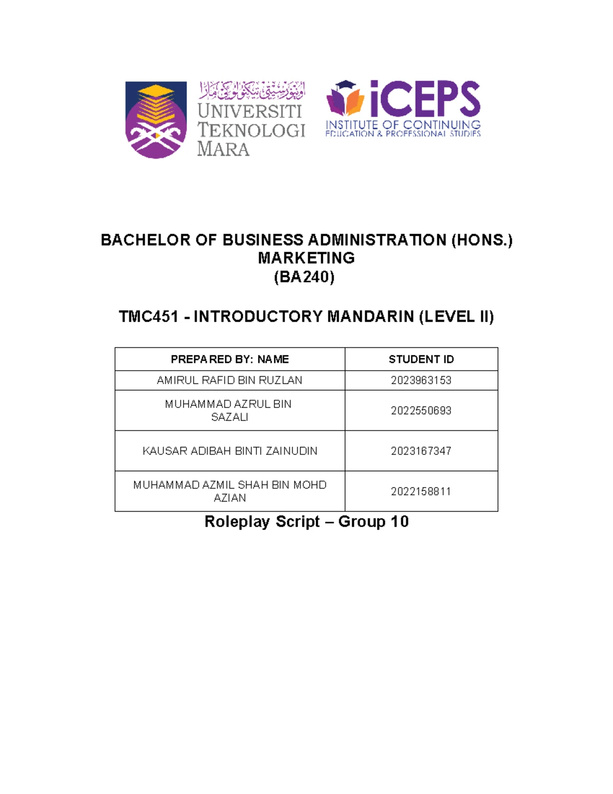 ROLE PLAY Script Mandarin (final) - Introductory Mandarin Level 2 NBH4A ...