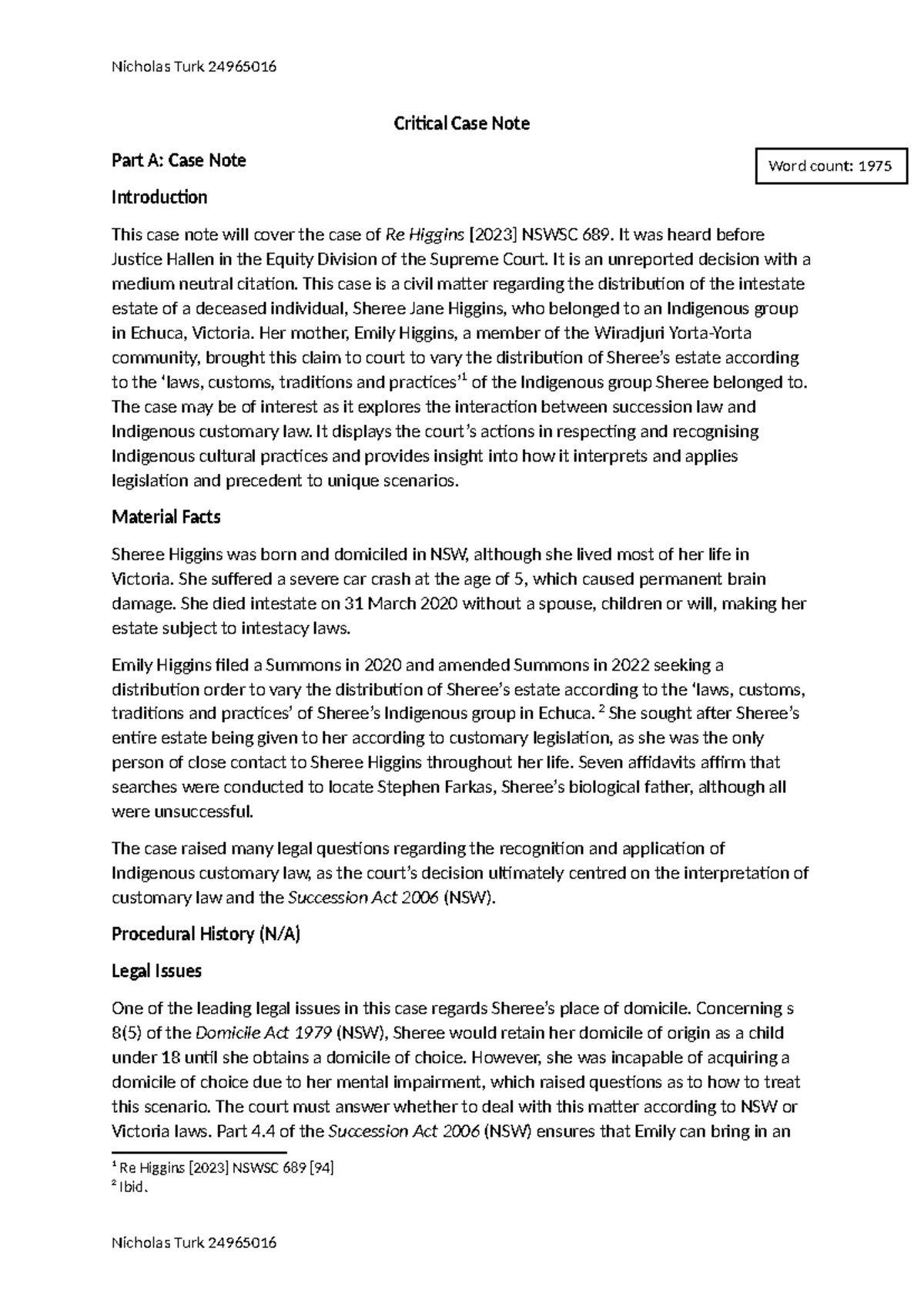 Critical Case Note - Critical Case Note Part A: Case Note Introduction ...