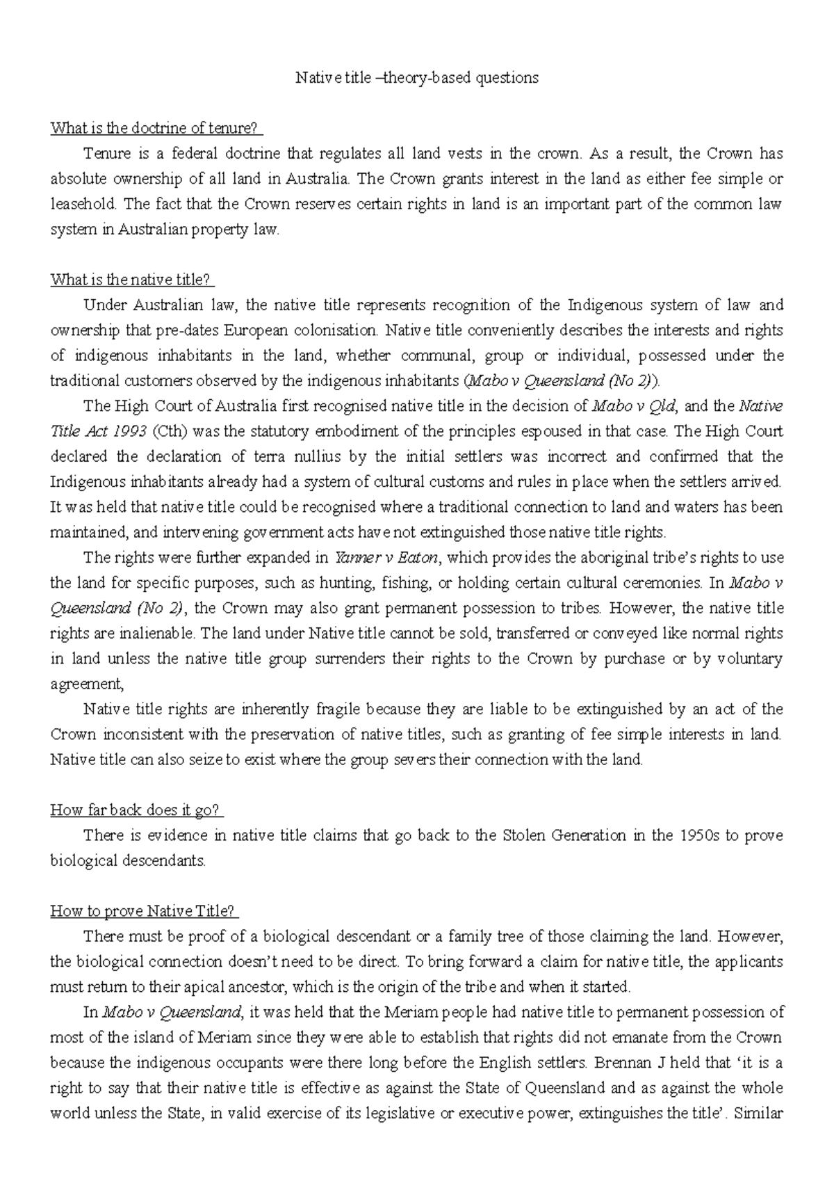 Property Law 12 Native Title: Key Concepts and Legal Framework - Studocu