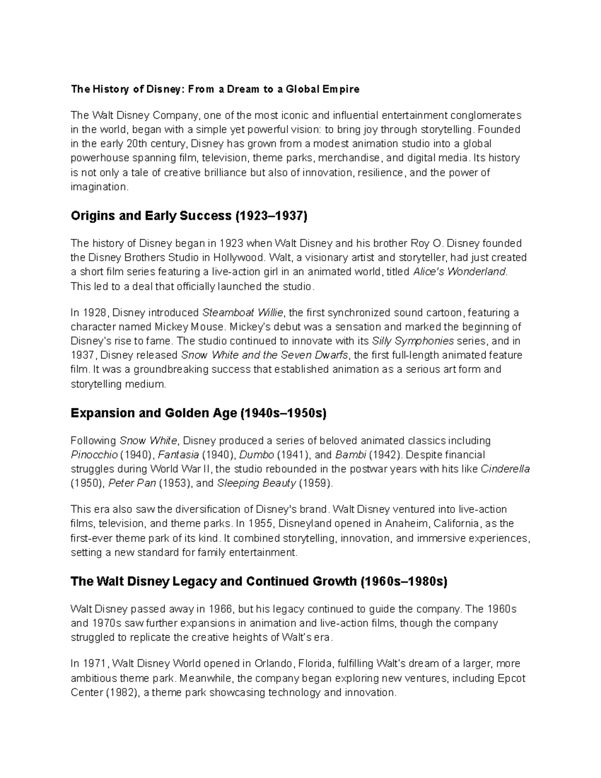 The Evolution of Disney: From Dream to Global Empire - A Study - Studocu