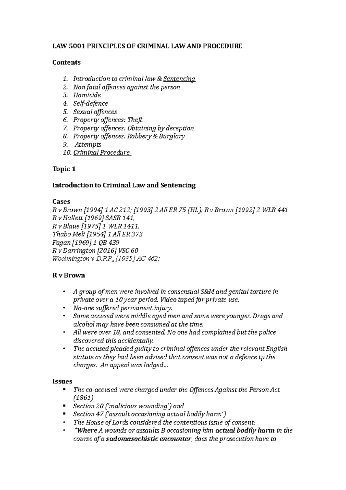 LAW 5001 Topic 1: Principles of Criminal Law & Sentencing Notes - Studocu
