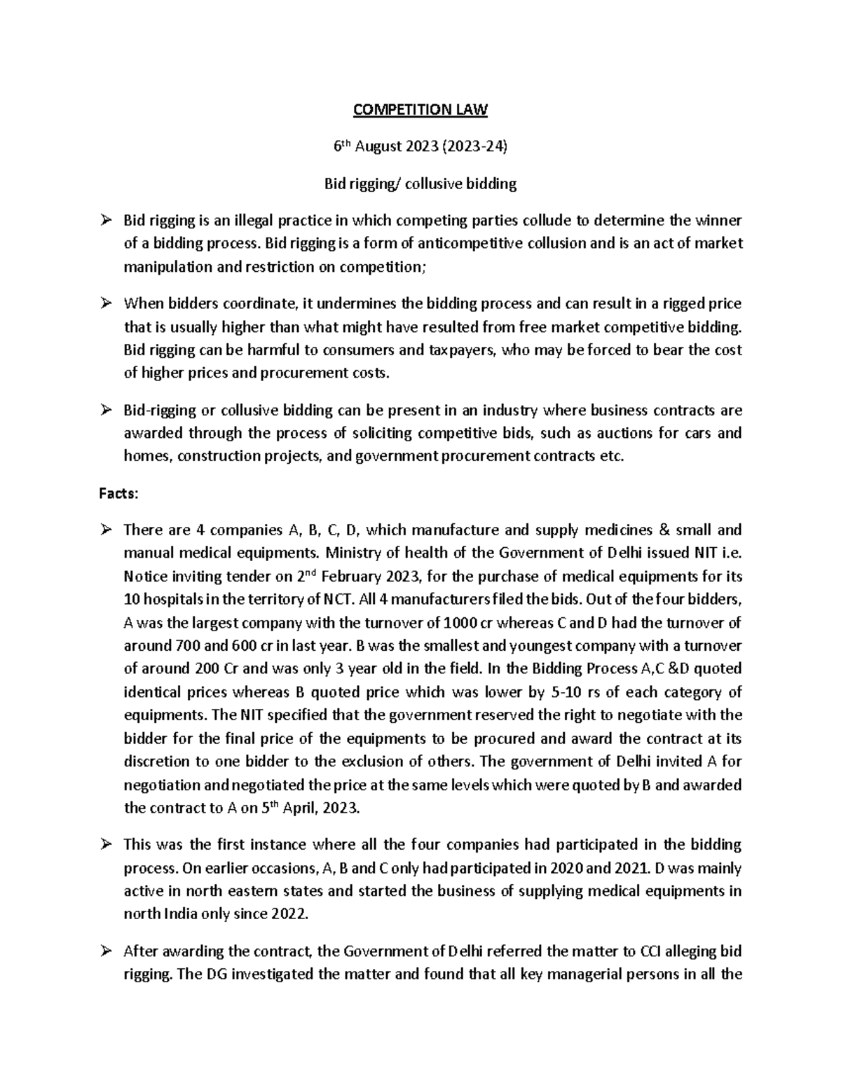Class Activity on Bid Rigging in Competition Law (2023-24) - Studocu