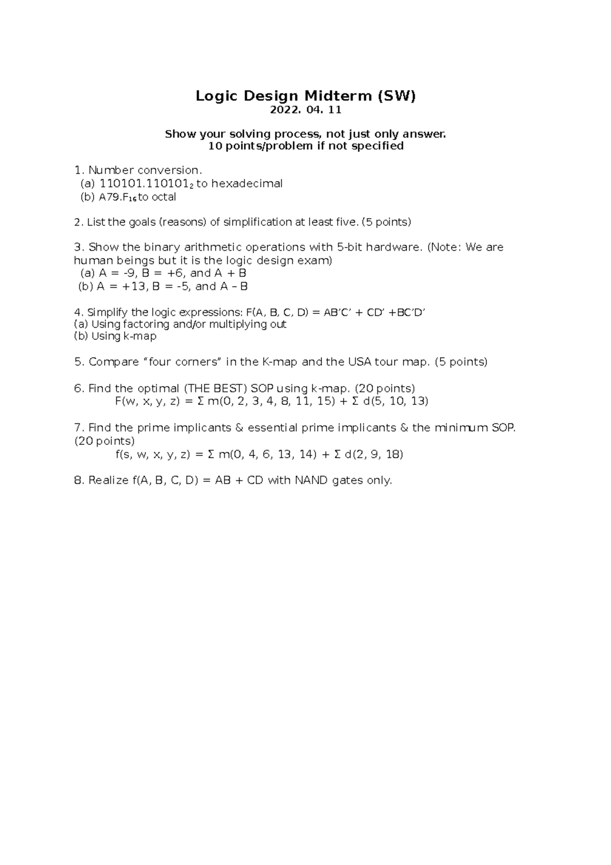 Logic Design Midterm Exam Solutions (SW) 2022 - Studocu