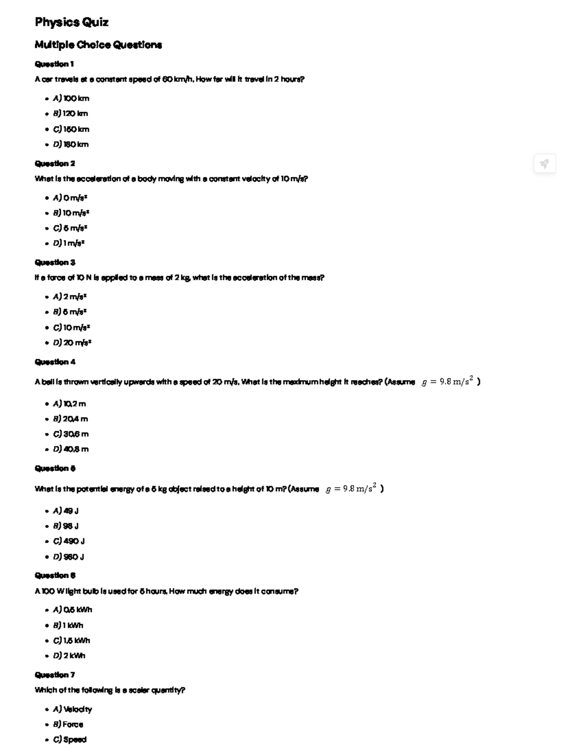 Physics Quiz MCQs - Problem Set for Course Code PHYS101 - Studocu