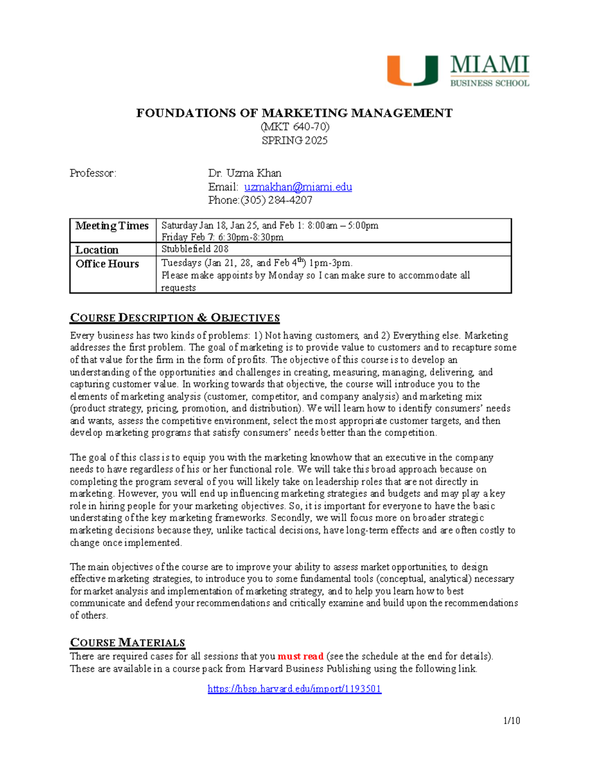 MKT 640-70 Spring 2025 - Marketing Management Syllabus Overview - Studocu