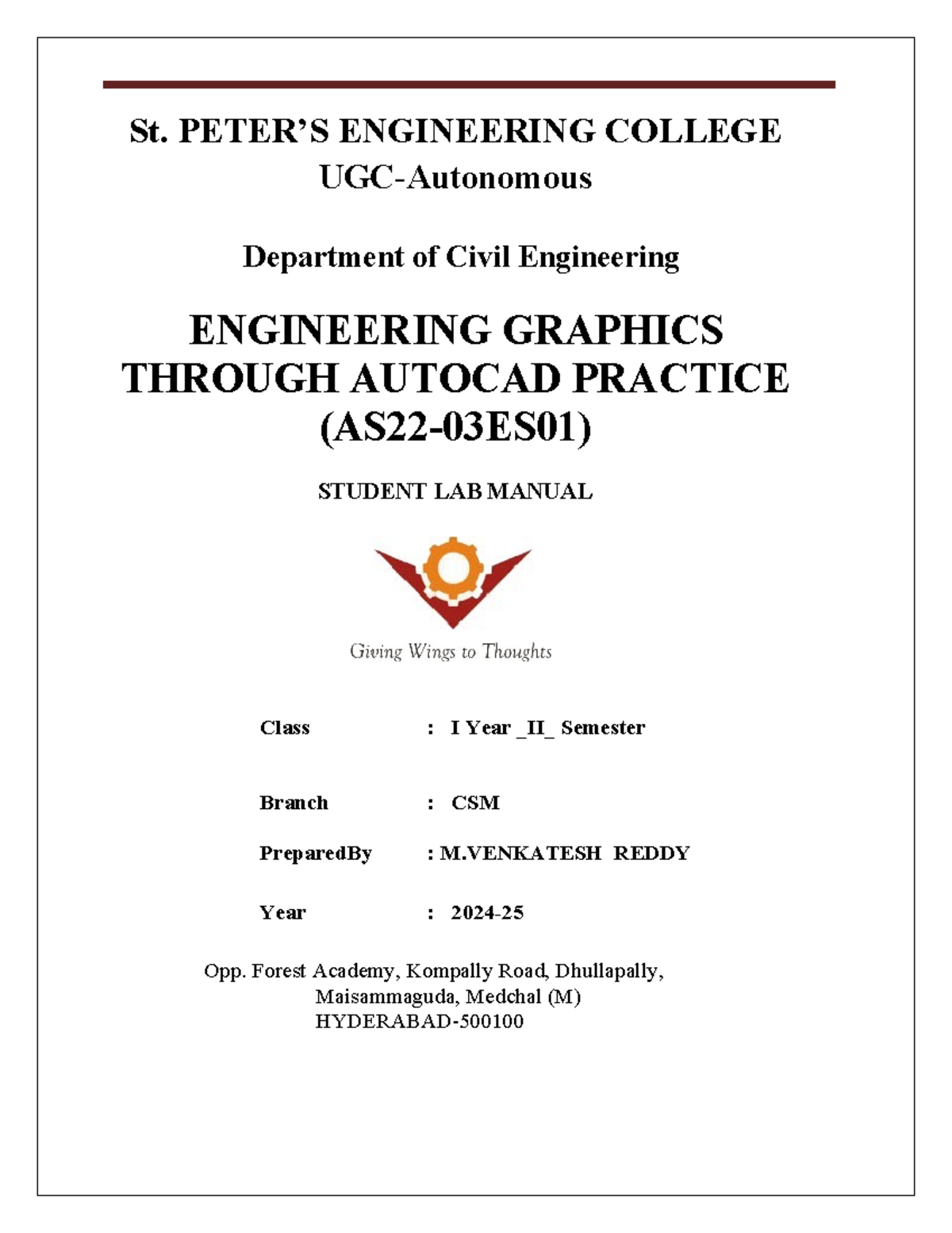 EGD LAB Manual: Engineering Graphics with AutoCAD - I Year CSM - Studocu