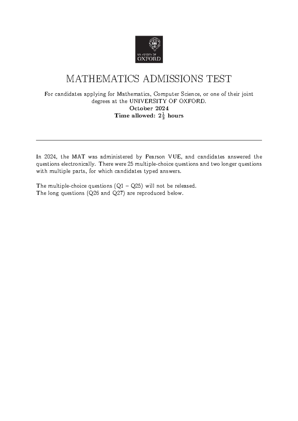 MAT 2024 Admissions Test: Mathematics & Computer Science Candidates ...