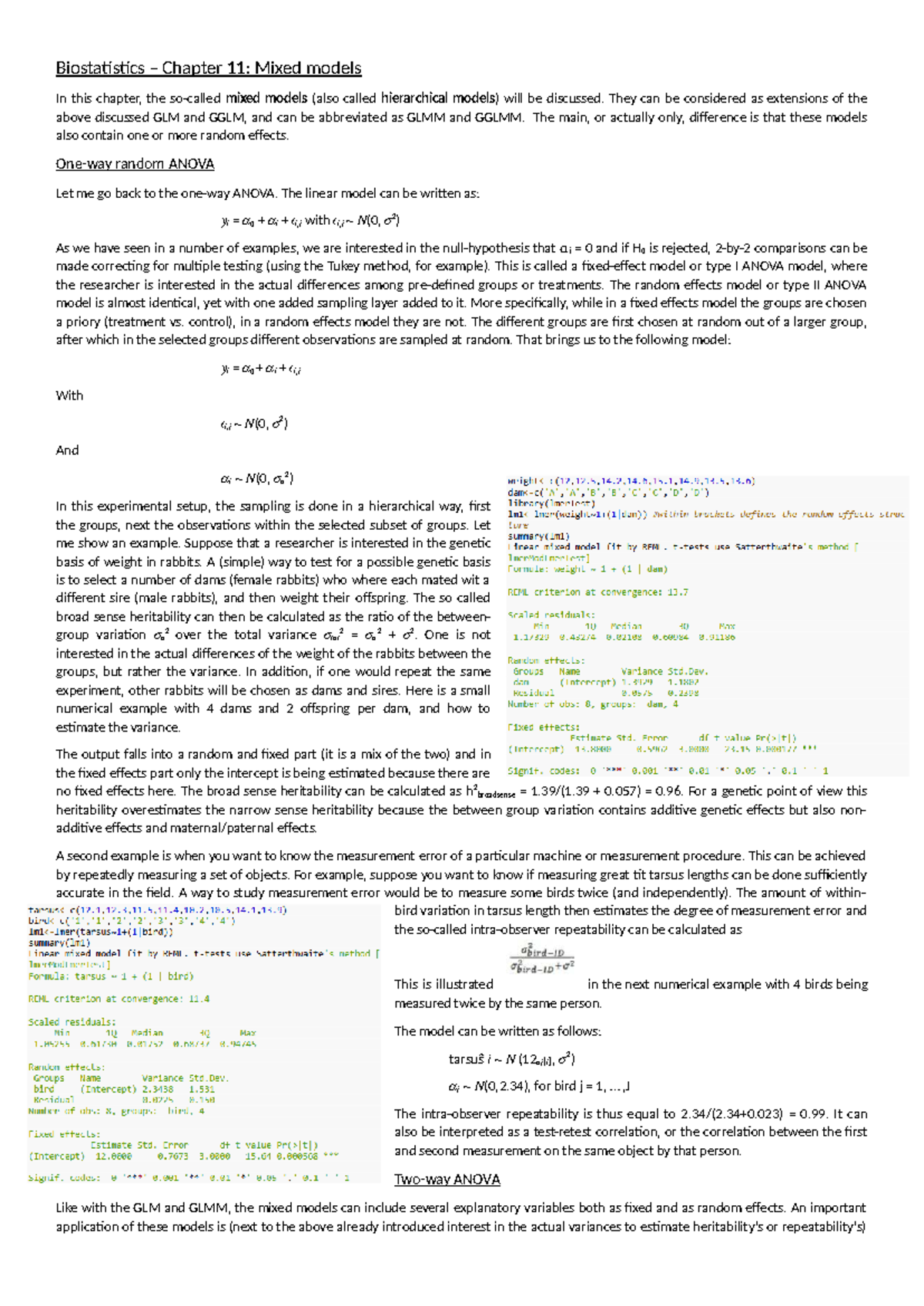 Biostatistics Chapter 11: Understanding Mixed Models and ANOVA - Studocu