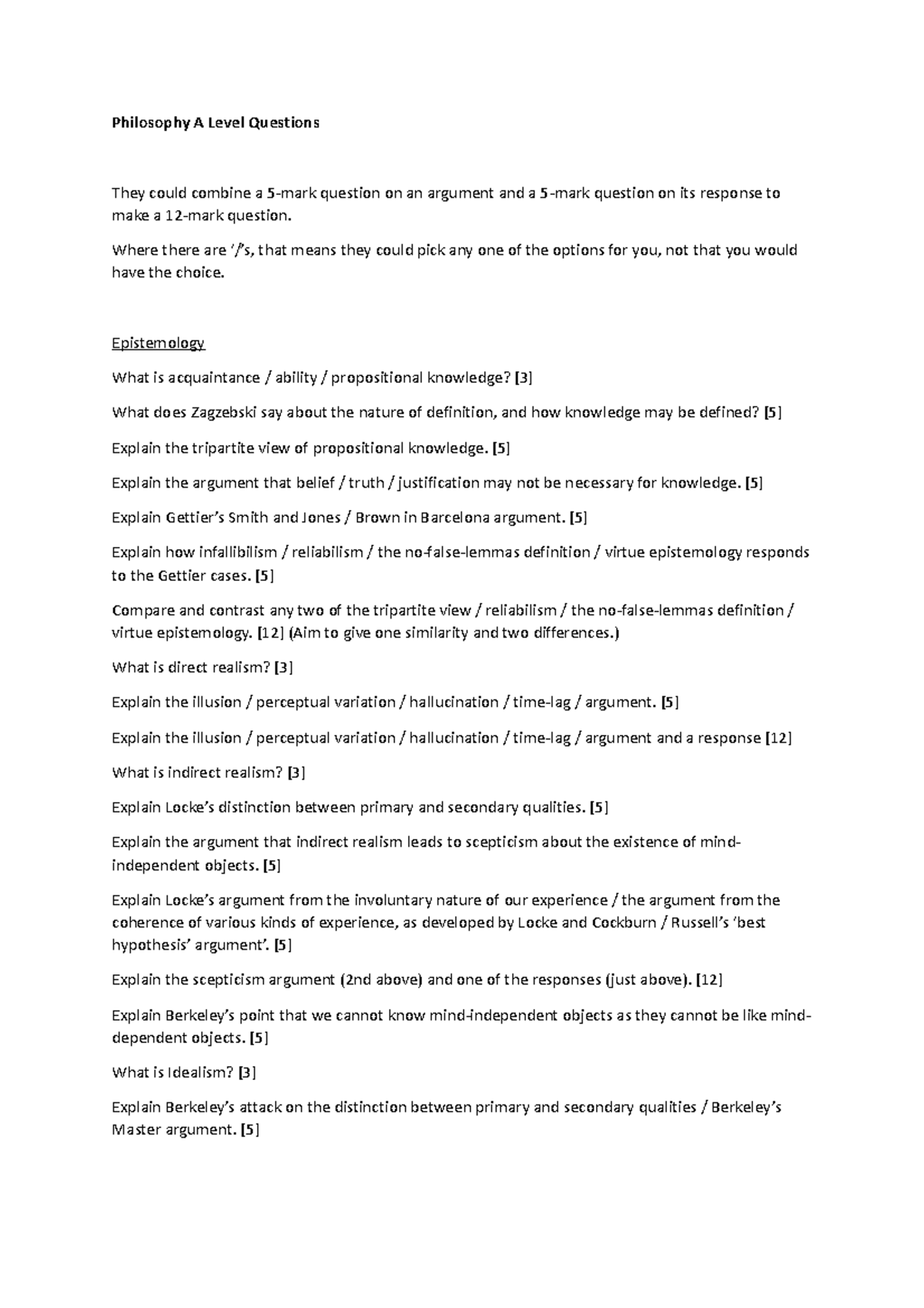 Philosophy A Level: Comprehensive Practice Questions by Topic - Studocu