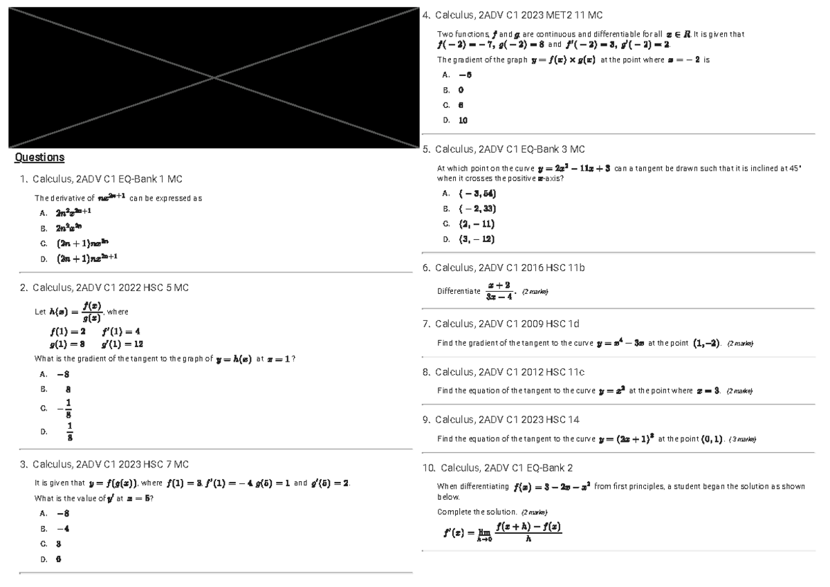 Differentiation Notes for Year 11 Calculus, 2ADV C1 - Studocu