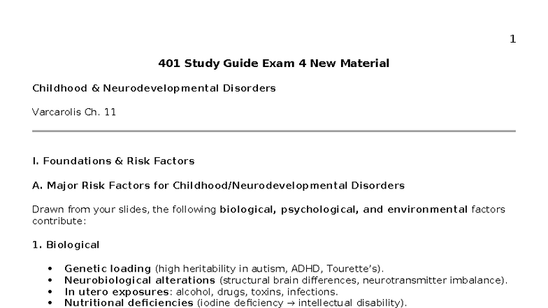 401 Study Guide: Exam 4 on Childhood Neurodevelopmental Disorders - Studocu