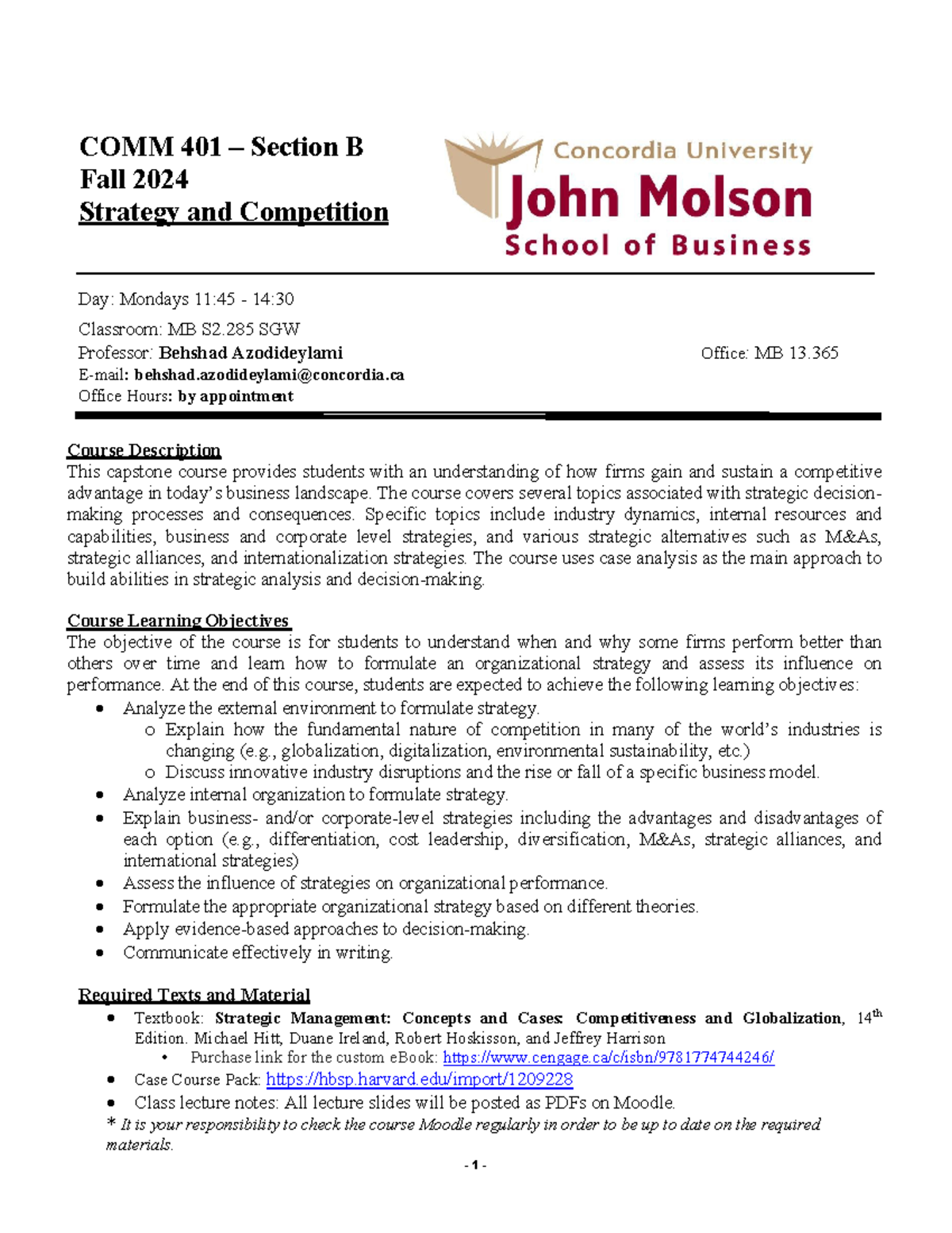Course Outline Fall 2024 - COMM 401 – Section B Fall 2024 Strategy and ...