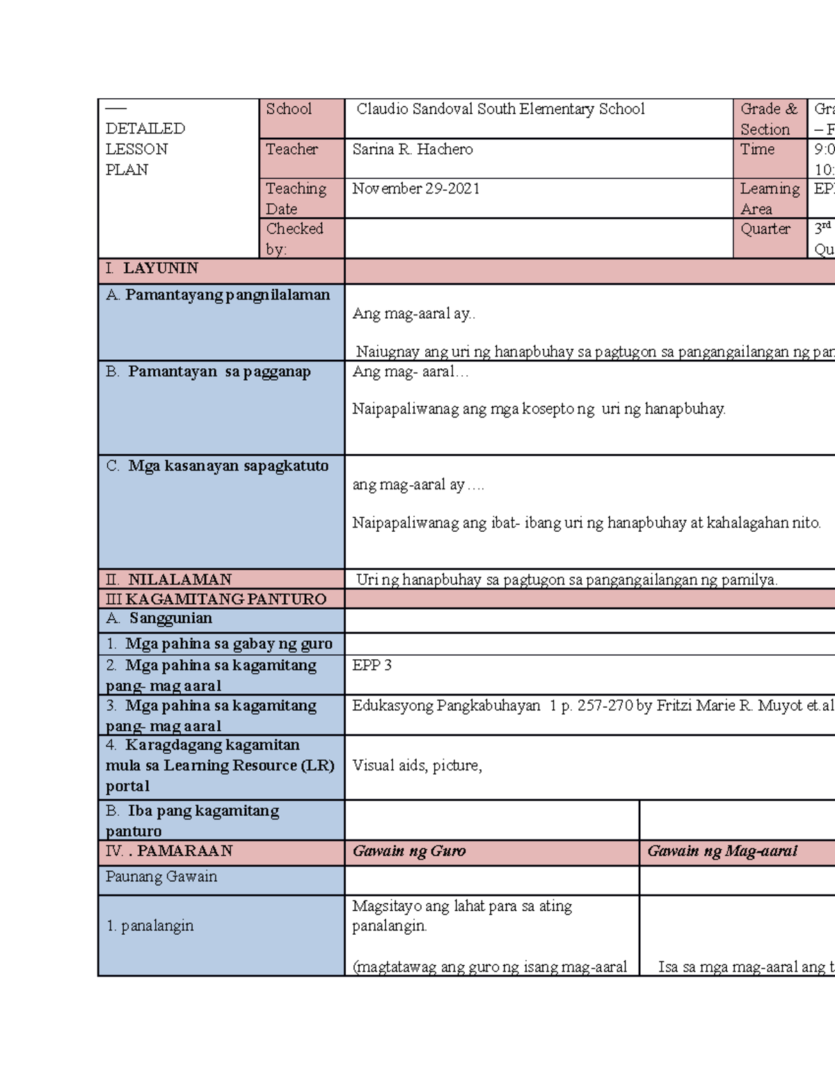 Detailed lesson plan in EPP - DETAILED LESSON PLAN School Claudio ...